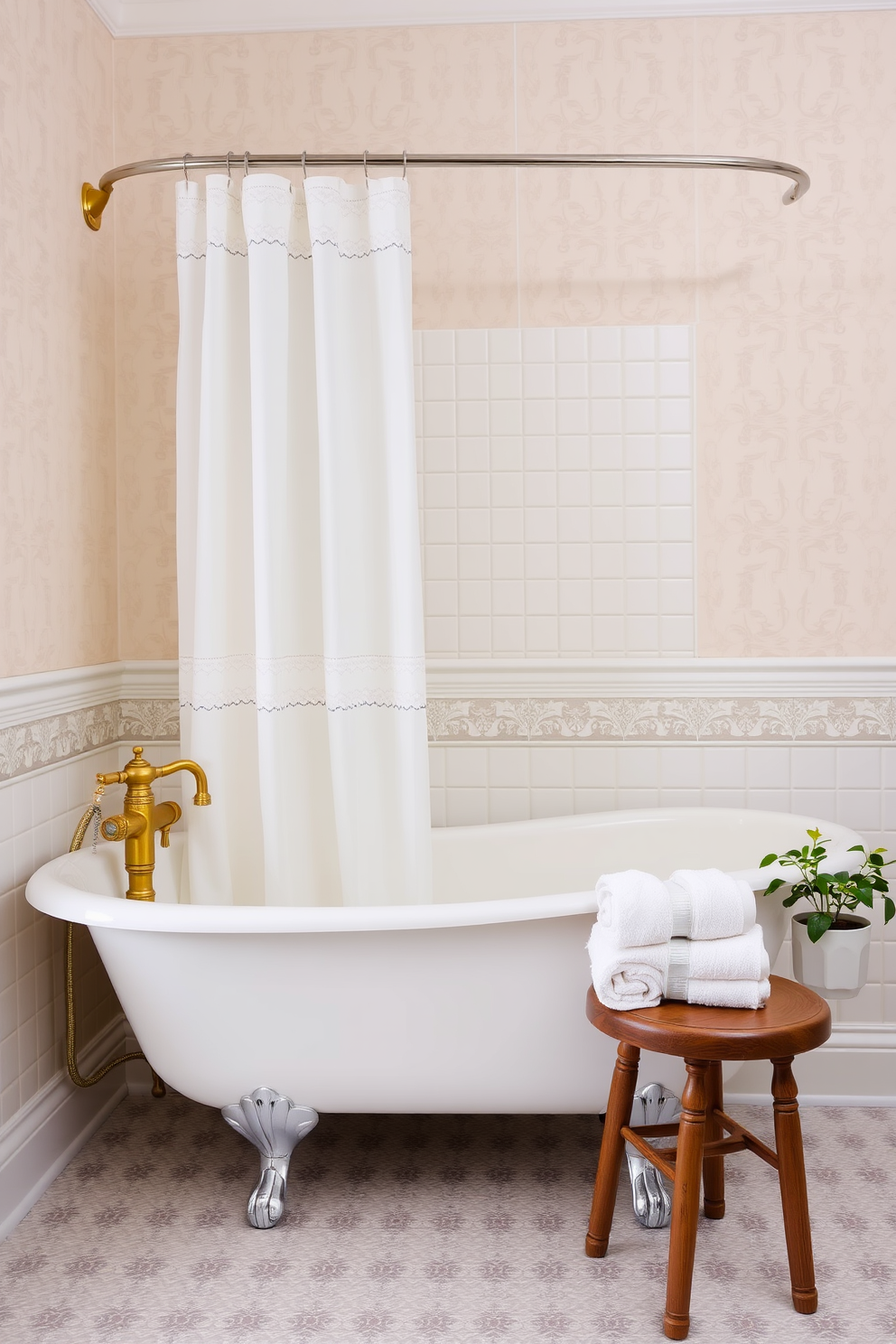 A classic porcelain tub with vintage fixtures sits elegantly against a backdrop of soft pastel wallpaper. The tub is complemented by a polished brass faucet and a delicate shower curtain that adds a touch of charm. The bathroom features a cozy shower combo with intricate tile work that enhances the vintage aesthetic. A wooden stool is placed nearby, adorned with fluffy towels and a small potted plant for a refreshing touch.