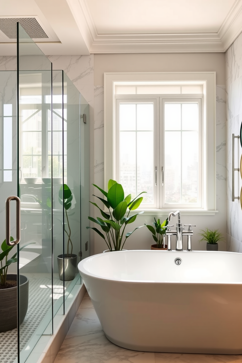 A luxurious bathroom features a freestanding tub positioned next to a large window that allows natural light to flood the space. The walls are adorned with elegant tiles, and the tub is surrounded by potted plants for a serene atmosphere. Adjacent to the tub, a stylish tub shower combo is designed with sleek glass doors and modern fixtures. The color palette is a blend of soft whites and calming blues, creating a tranquil retreat for relaxation.