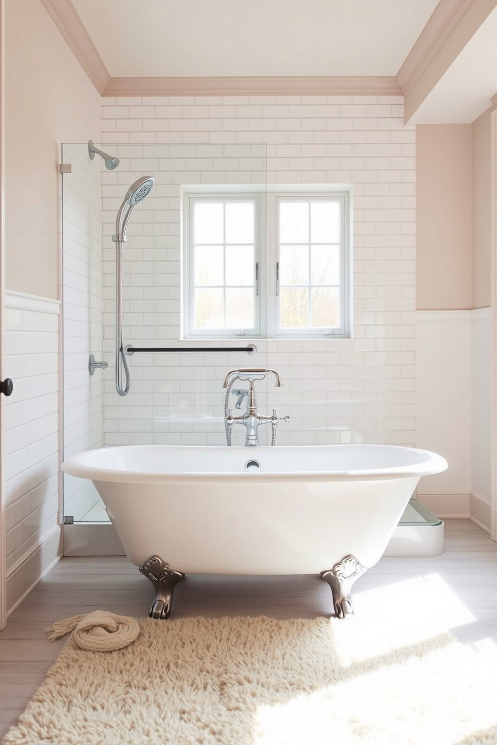 A vintage clawfoot tub sits elegantly in the center of the bathroom, surrounded by classic white subway tiles that create a timeless backdrop. The tub is complemented by a polished chrome faucet and a chic freestanding showerhead, enhancing the luxurious feel of the space. The shower area features a glass enclosure that allows natural light to flood in, making the room feel open and airy. Soft, neutral tones on the walls and a plush area rug add warmth and comfort to this stylish bathroom retreat.