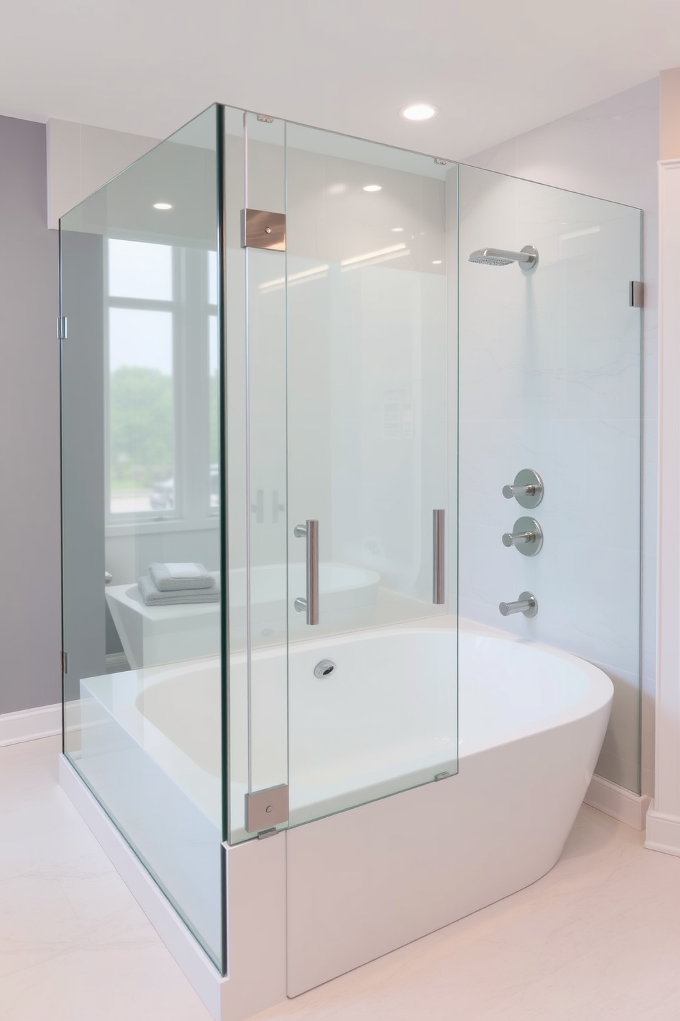 A modern integrated tub shower features a seamless glass enclosure that creates an airy and open feel. The sleek design includes a freestanding tub on one side and a rainfall showerhead above, complemented by elegant tile work in soft neutral tones.