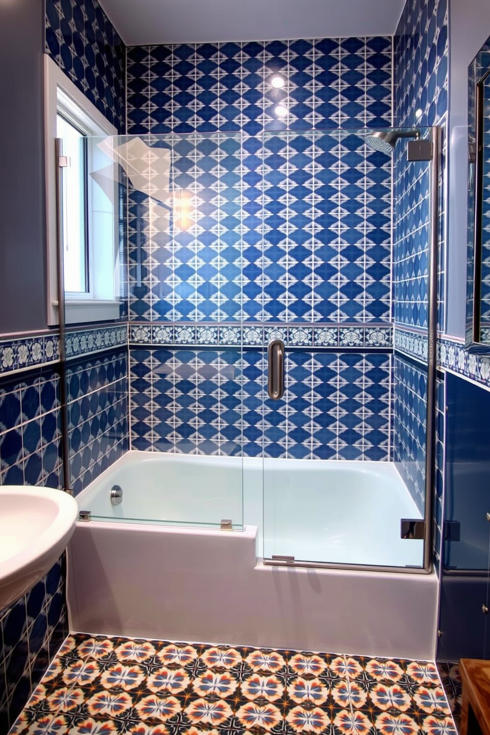 A contemporary bathroom featuring bold patterned tiles that create a striking visual interest. The tub shower combo is elegantly designed with a glass enclosure, showcasing the vibrant tile work.