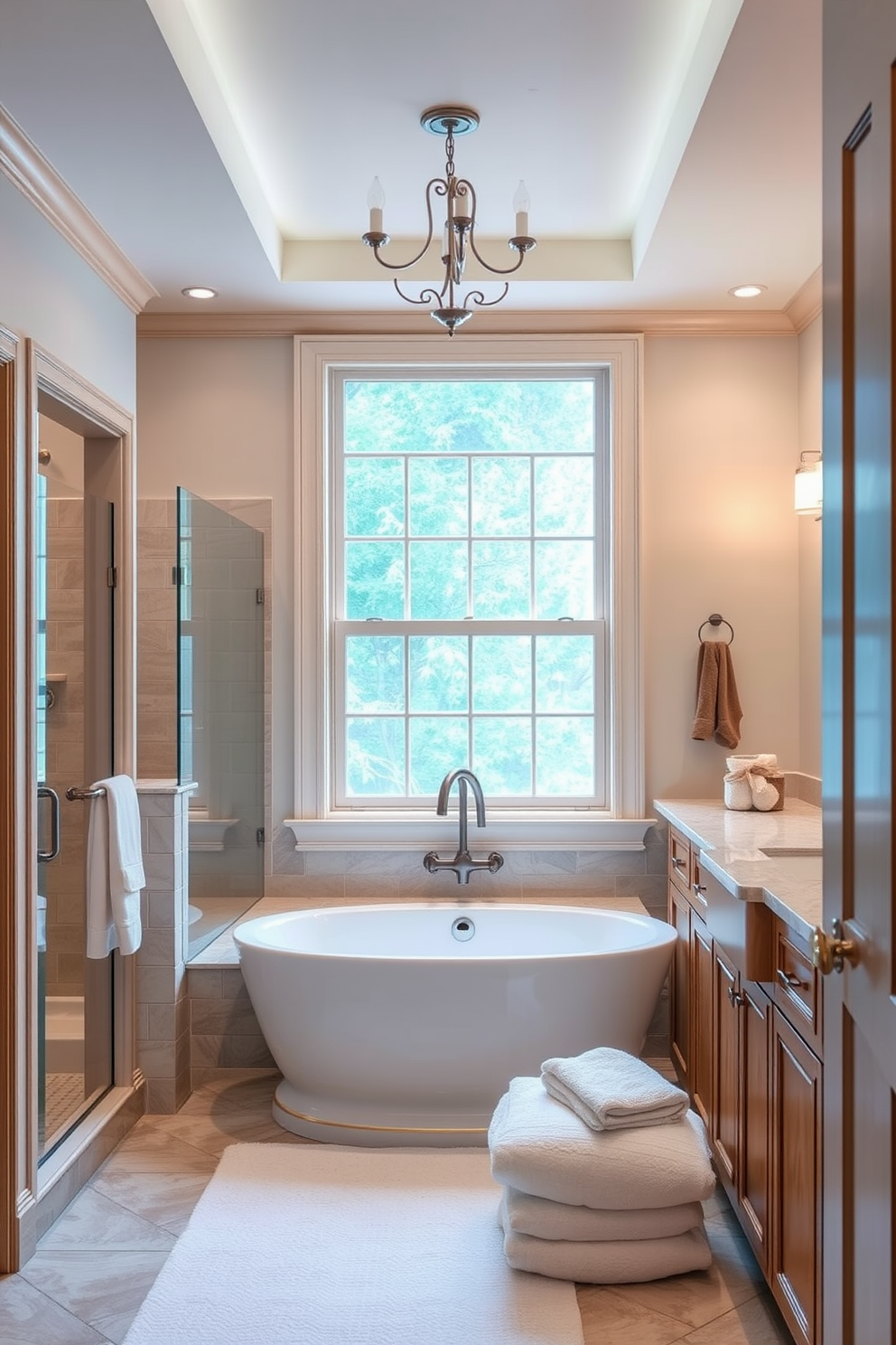 A serene bathroom setting featuring a tub shower combo. The space is adorned with neutral tones complemented by warm wood details throughout the cabinetry and trim. Soft lighting enhances the inviting atmosphere, while a large window allows natural light to flood the room. Elegant accessories and plush towels add a touch of luxury to the overall design.