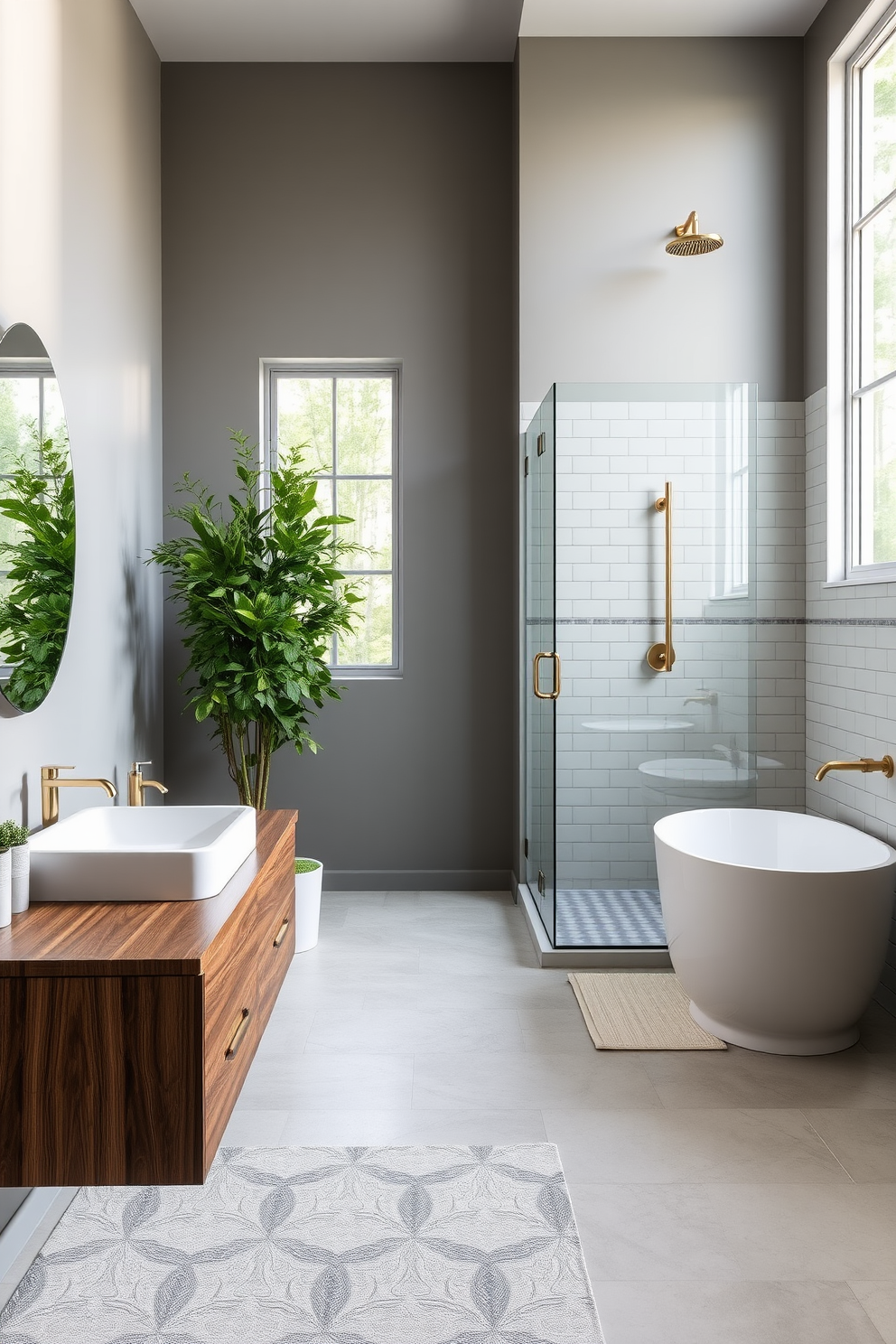 A floating vanity made of rich walnut wood features a sleek white sink and minimalist gold fixtures. Adjacent to it, an elegant freestanding tub is complemented by a large window that lets in natural light, creating a serene atmosphere. The tub shower combo is designed with a frameless glass enclosure and stylish subway tiles that extend to the ceiling. Soft gray walls and a geometric patterned rug add a modern touch, while lush greenery brings life to the space.