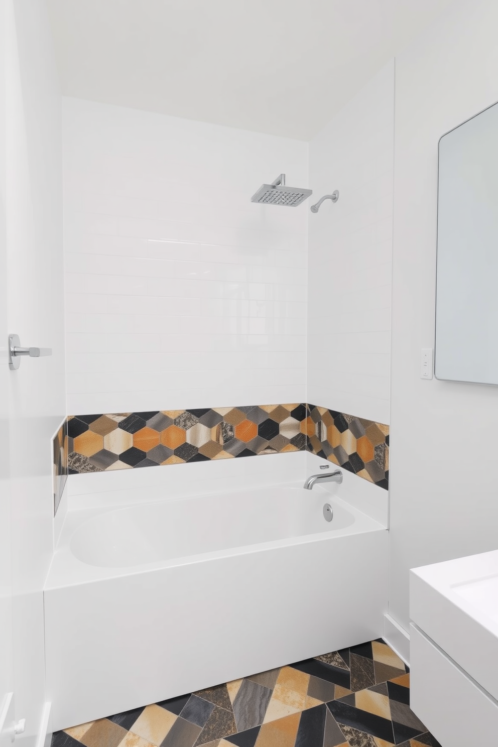 A modern bathroom featuring a sleek tub shower combo with geometric tiles surrounding it. The tiles are in a mix of bold colors and patterns, creating a striking visual contrast against the minimalist white walls.