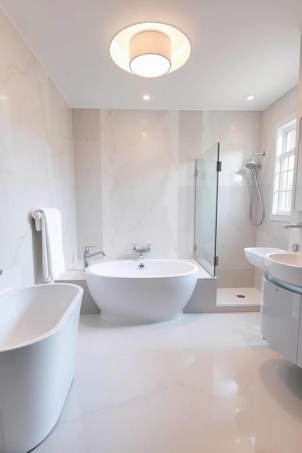 A stylish dual-purpose tub is seamlessly integrated into the bathroom design, featuring ample storage underneath for towels and toiletries. The tub is complemented by a modern shower combo with sleek glass doors, creating a functional yet elegant space. The walls are adorned with soft, neutral tones that enhance the natural light flowing through the room. Elegant fixtures and a minimalist aesthetic complete the look, making this bathroom both practical and inviting.