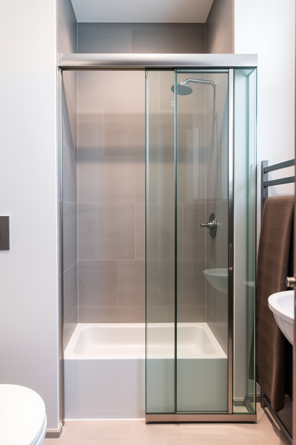 A modern bathroom featuring a tub shower combo with sleek lines and minimalist design. The walls are adorned with large format tiles in a soft gray tone, and the floor is finished with a textured stone for added depth. A floating vanity with a glossy white finish complements the contemporary fixtures. Soft LED lighting illuminates the space, enhancing the clean aesthetic and creating a serene atmosphere.