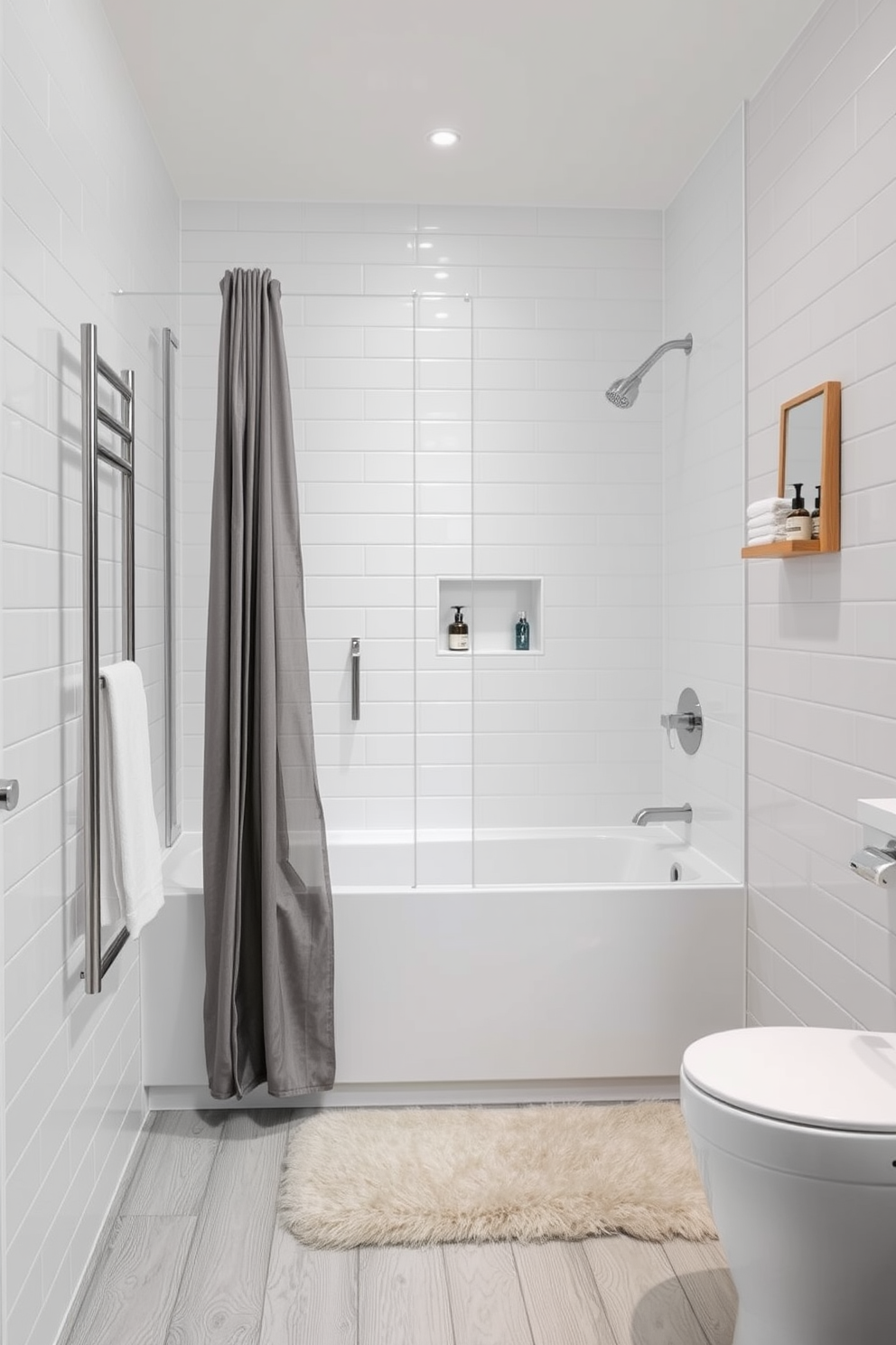 A stylish tub shower combo is elegantly designed for small spaces. The walls feature sleek white tiles, while the floor is adorned with light gray planks to create a modern feel. The tub is positioned against the wall with a glass shower screen separating it from the shower area. A minimalist shelf holds neatly arranged toiletries, and a soft, fluffy bath mat adds warmth to the space.