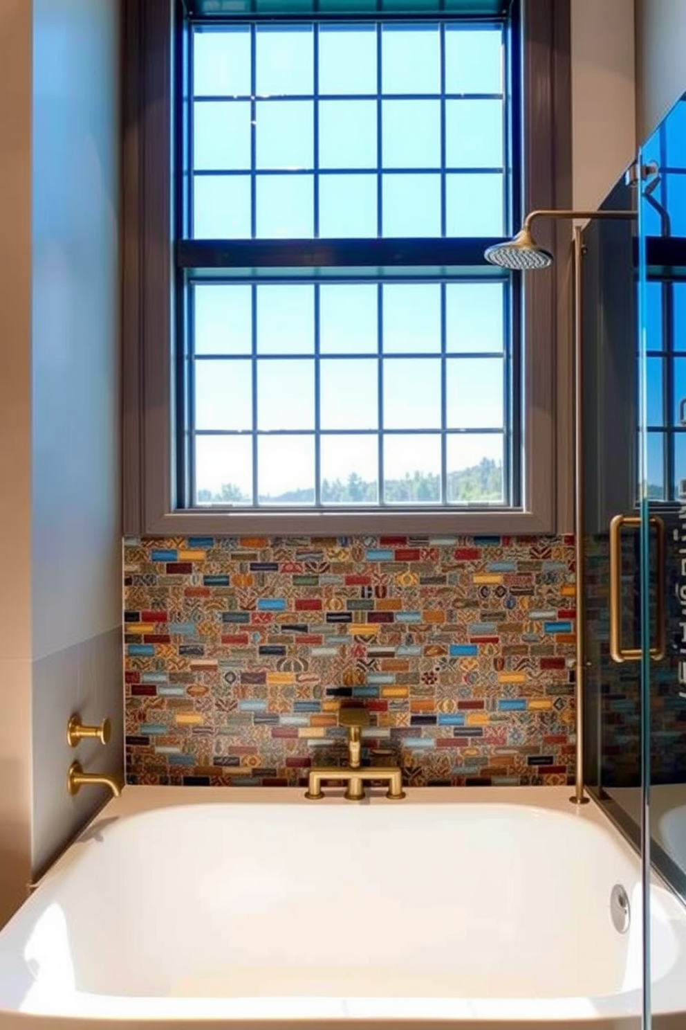 Artistic backsplash behind a modern tub with intricate tile patterns in vibrant colors. The tub is elegantly placed under a large window that allows natural light to flood the space, enhancing the artistic features of the design. The shower combo features a sleek glass enclosure with a rainfall showerhead. Complementary fixtures in brushed gold add a touch of luxury to the overall aesthetic.