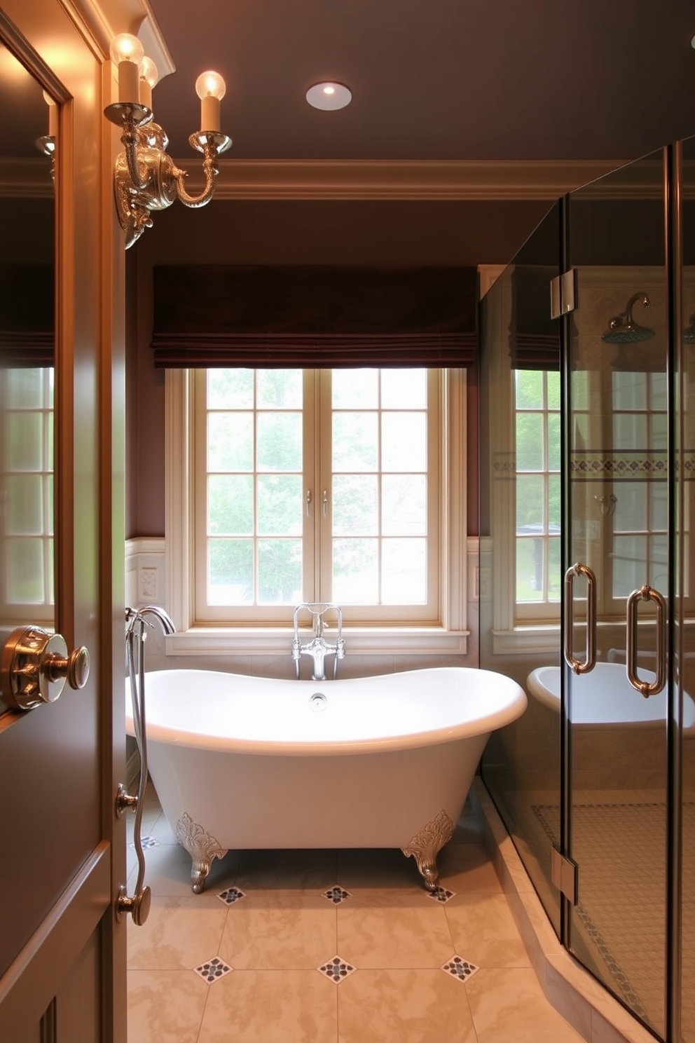 An elegant bathroom featuring a classic tub shower combo with intricate fixtures. The space is adorned with polished chrome hardware, a freestanding tub positioned near a large window, and a glass-enclosed shower with beautiful tile work.