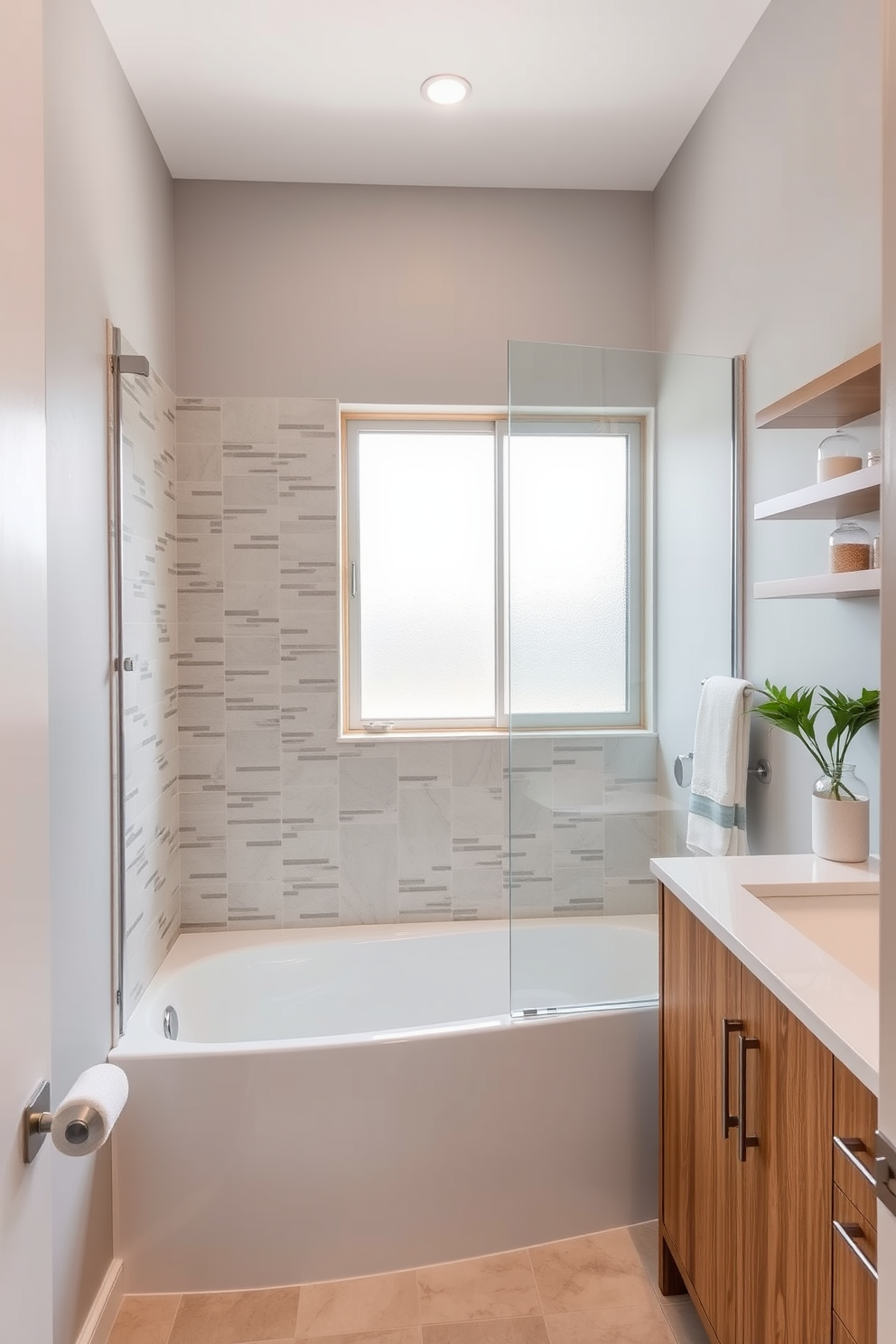 A vintage clawfoot tub stands elegantly in the center of the bathroom, complemented by a modern rain shower overhead. The walls are adorned with classic white subway tiles, while the floor features a chic black and white mosaic pattern. Next to the tub, a stylish wooden ladder holds plush towels, adding a touch of warmth to the space. Soft, ambient lighting from a vintage chandelier casts a welcoming glow throughout the room.