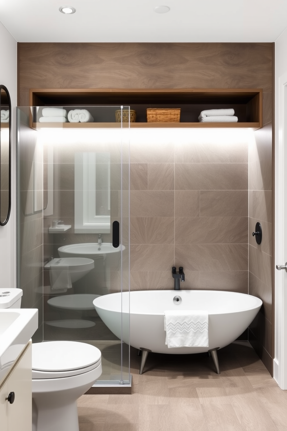 A sleek bathroom featuring a tub shower combo with a glass enclosure. The walls are adorned with large white tiles, while the floor showcases dark gray slate for a striking contrast. The vanity is a modern black unit with a white sink and chrome fixtures. Minimalist artwork in black and white decorates the walls, enhancing the sophisticated monochrome color scheme.