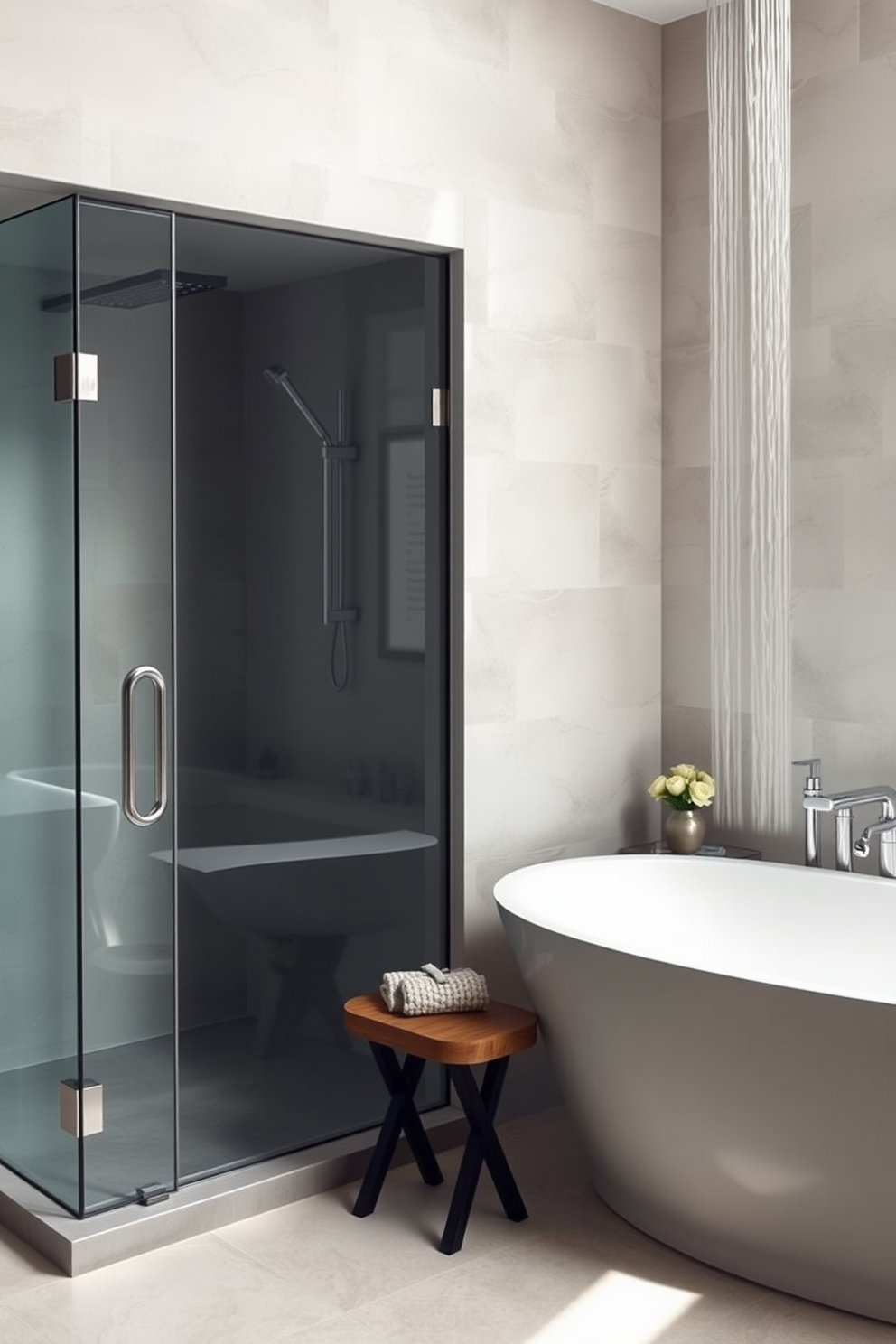 A luxurious soaking tub is elegantly positioned next to a rainfall shower, creating a serene and inviting atmosphere. The shower features a sleek glass enclosure, with polished chrome fixtures that enhance the modern aesthetic of the space. The walls are adorned with soft, neutral tiles that complement the rich textures of the tub and the surrounding decor. A stylish wooden bench sits nearby, providing a functional yet decorative element to the bathroom design.