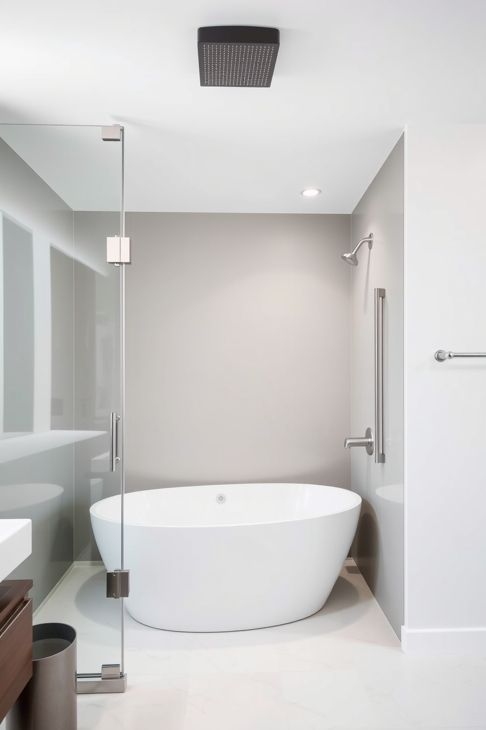 A minimalist bathroom features a sleek white tub paired with modern fixtures that enhance the clean aesthetic. The tub is elegantly positioned within a spacious shower combo, showcasing seamless glass doors and subtle tile accents.