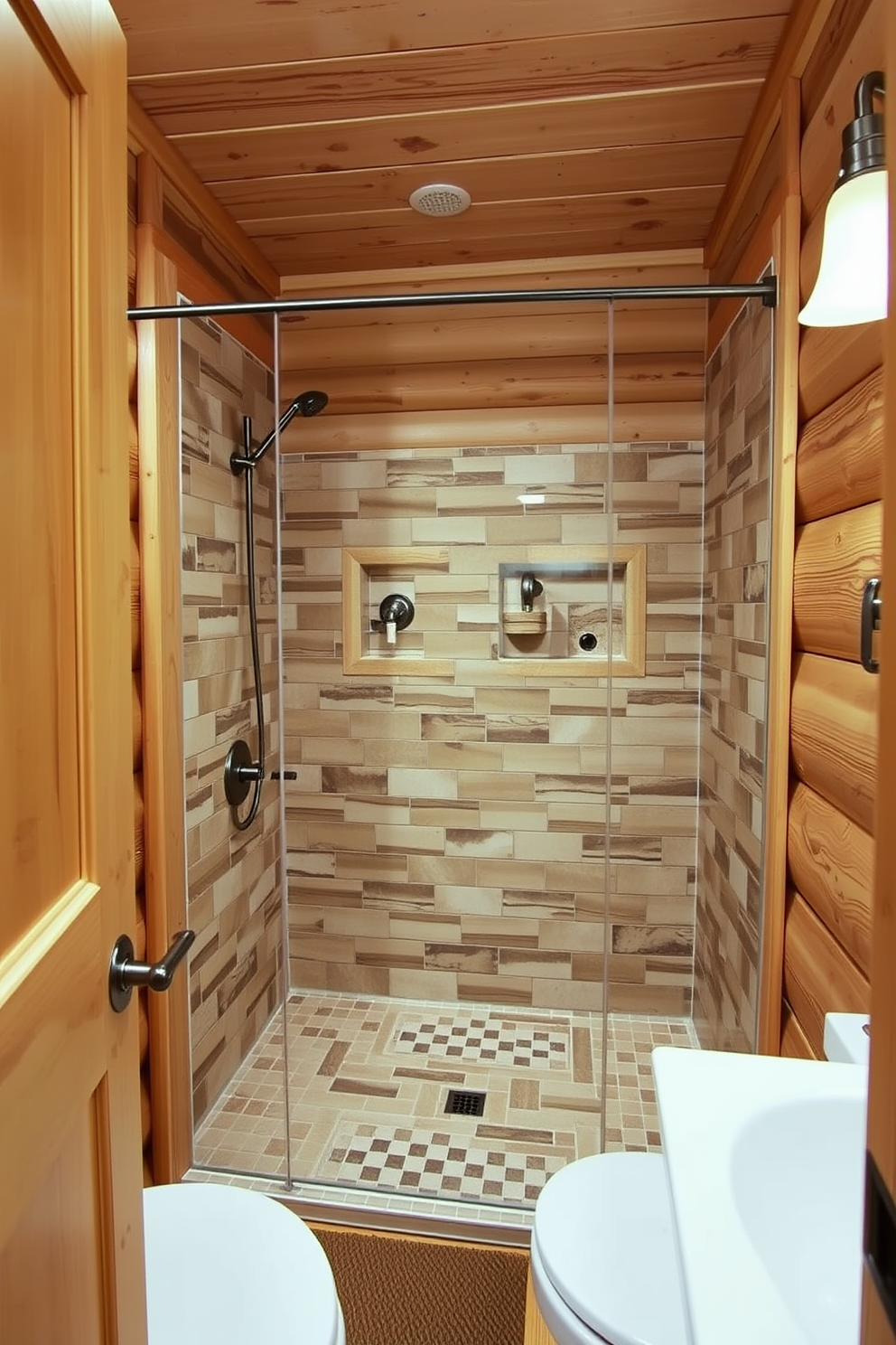 A cozy bathroom featuring rustic wood accents throughout the space. The focal point is a tub shower combo with a beautifully tiled shower area that complements the warm wood tones.