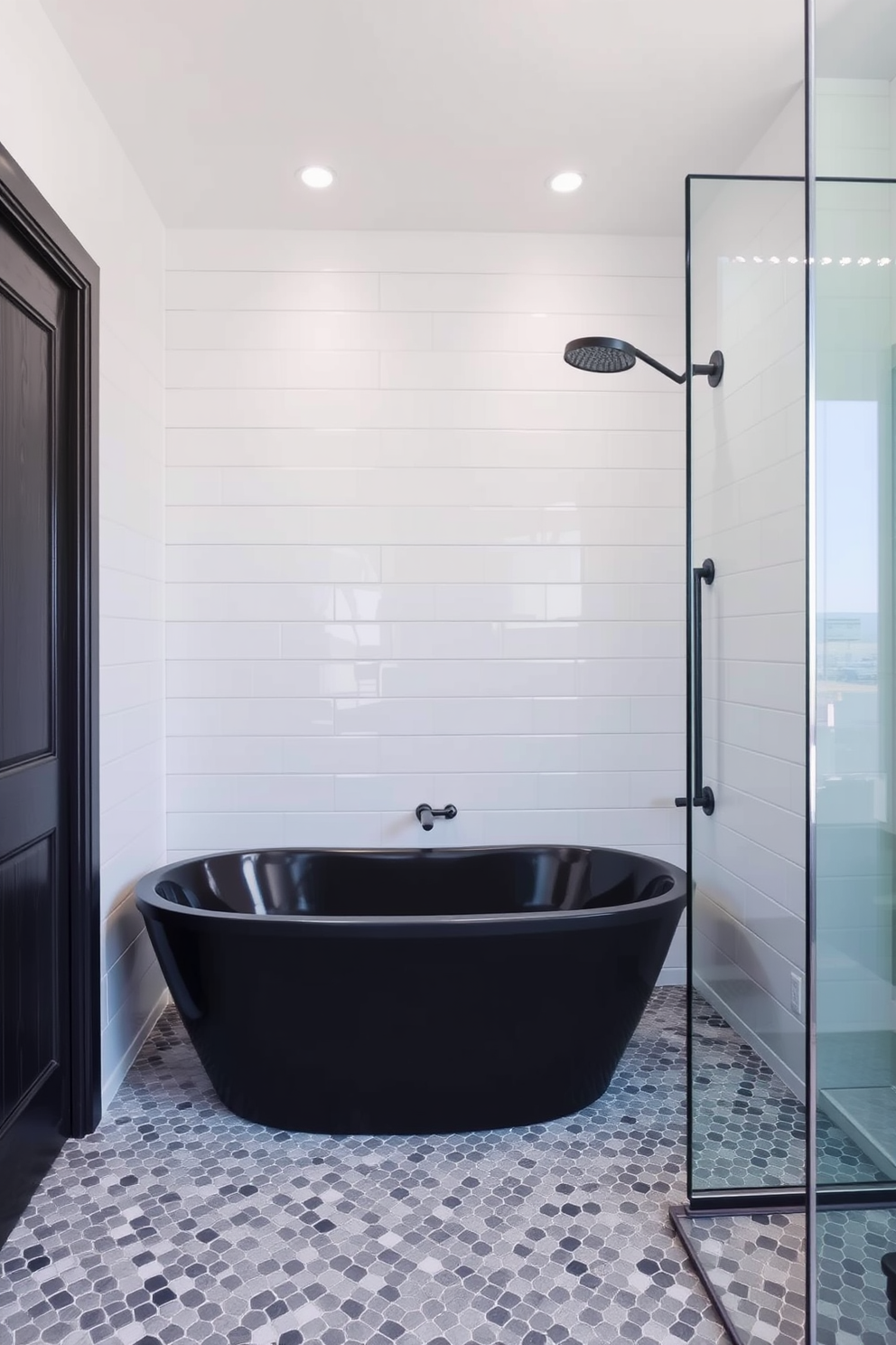 A contemporary bathroom featuring a sleek black tub and a modern shower combo. The walls are adorned with large white tiles, and the floor has a stylish gray mosaic pattern.