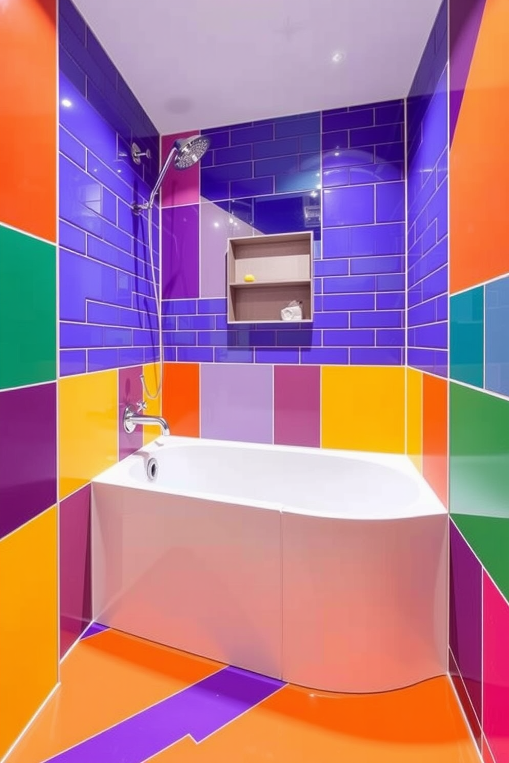 A vibrant bathroom design featuring a tub shower combo with brightly colored tiles that create a bold and lively atmosphere. The walls are adorned with a mix of geometric patterns and solid colors, enhancing the playful yet sophisticated vibe of the space. Incorporate a sleek modern tub that seamlessly integrates with the shower area, surrounded by eye-catching tiles that draw attention. The fixtures are polished chrome, complementing the vibrant tiles and adding a touch of elegance to the overall design.