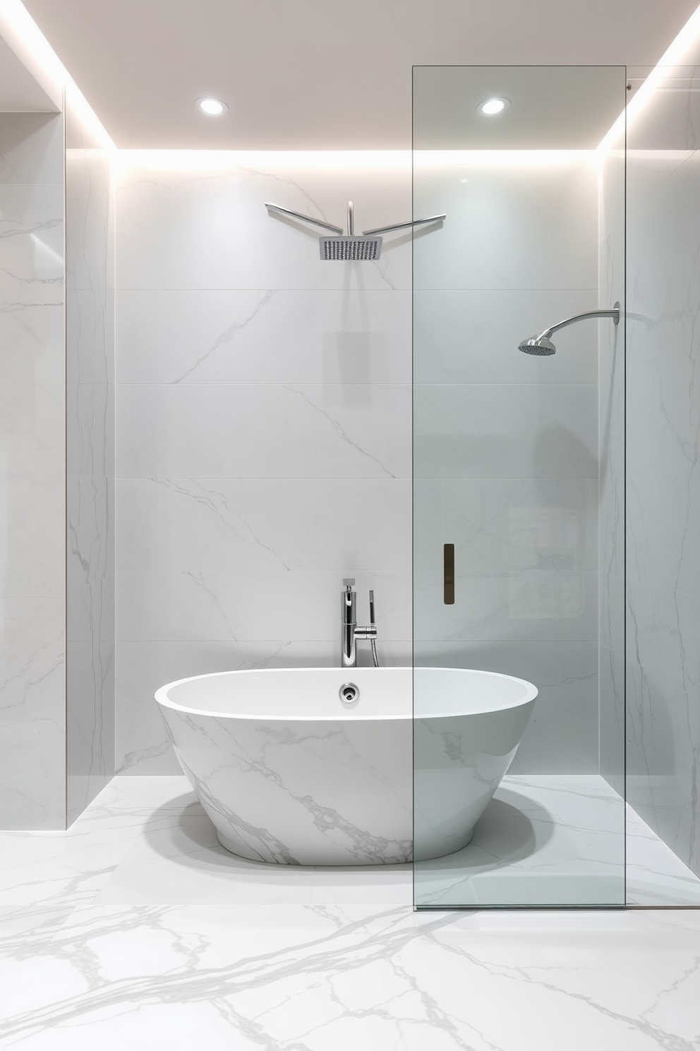 An elegant marble tub is positioned against a backdrop of soft gray tiles, surrounded by a sleek glass enclosure that enhances the spacious feel of the bathroom. The tub is complemented by a modern freestanding faucet, and a stylish showerhead is mounted above for a luxurious bathing experience. The shower area features a seamless transition with the same marble tiles extending from the tub to the shower floor, creating a cohesive look. Soft ambient lighting is installed above, illuminating the space and highlighting the intricate veining of the marble.