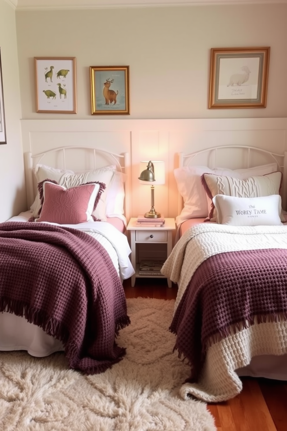 Cozy twin beds are positioned against a soft pastel-colored wall, creating a serene atmosphere. Each bed is dressed in layered bedding featuring plush blankets and decorative pillows in complementary hues. A charming nightstand sits between the beds, adorned with a stylish lamp and a few beloved books. The room is illuminated by natural light streaming through sheer curtains, enhancing the inviting ambiance.