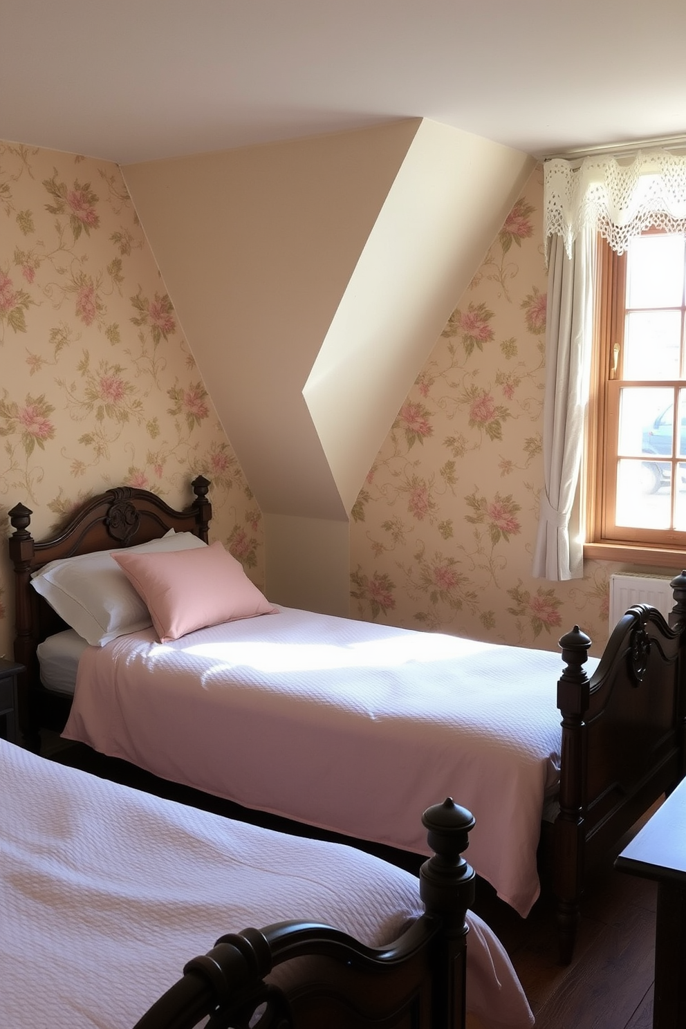 A cozy twin bedroom exuding vintage charm features two antique twin beds with intricate woodwork and plush bedding in soft pastel colors. The walls are adorned with floral wallpaper, and a delicate lace curtain frames the window, allowing natural light to filter in gently.