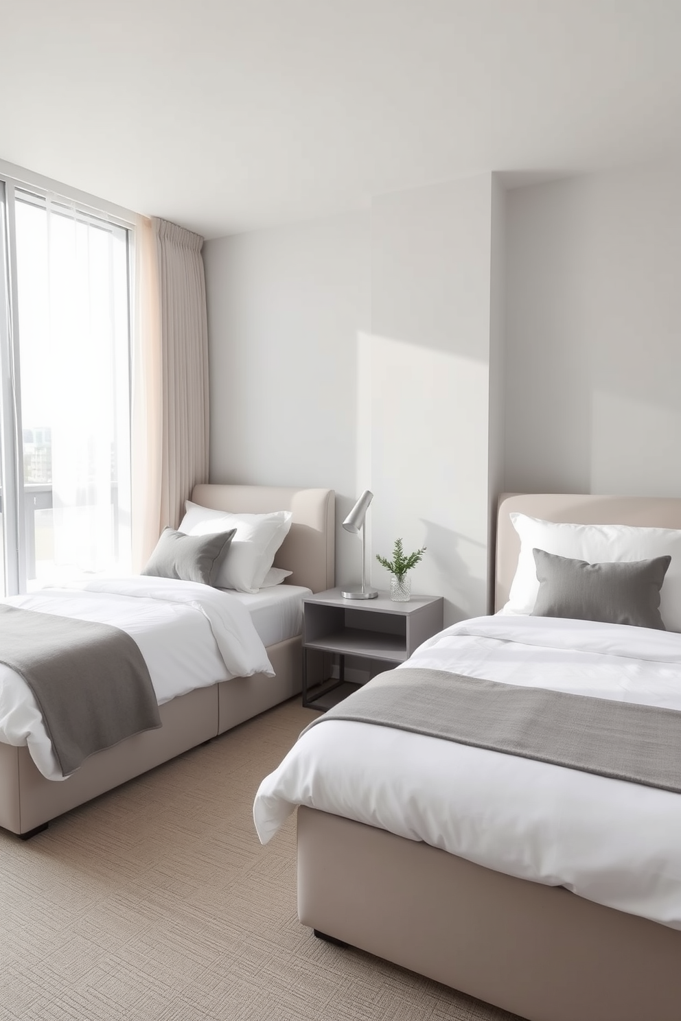 A modern minimalist twin bedroom featuring sleek lines and a calming color palette. The room includes two twin beds with simple headboards, dressed in crisp white linens and accented with soft gray throw pillows. Natural light floods the space through large windows adorned with sheer curtains. A minimalist nightstand sits between the beds, holding a modern lamp and a small plant for a touch of greenery.