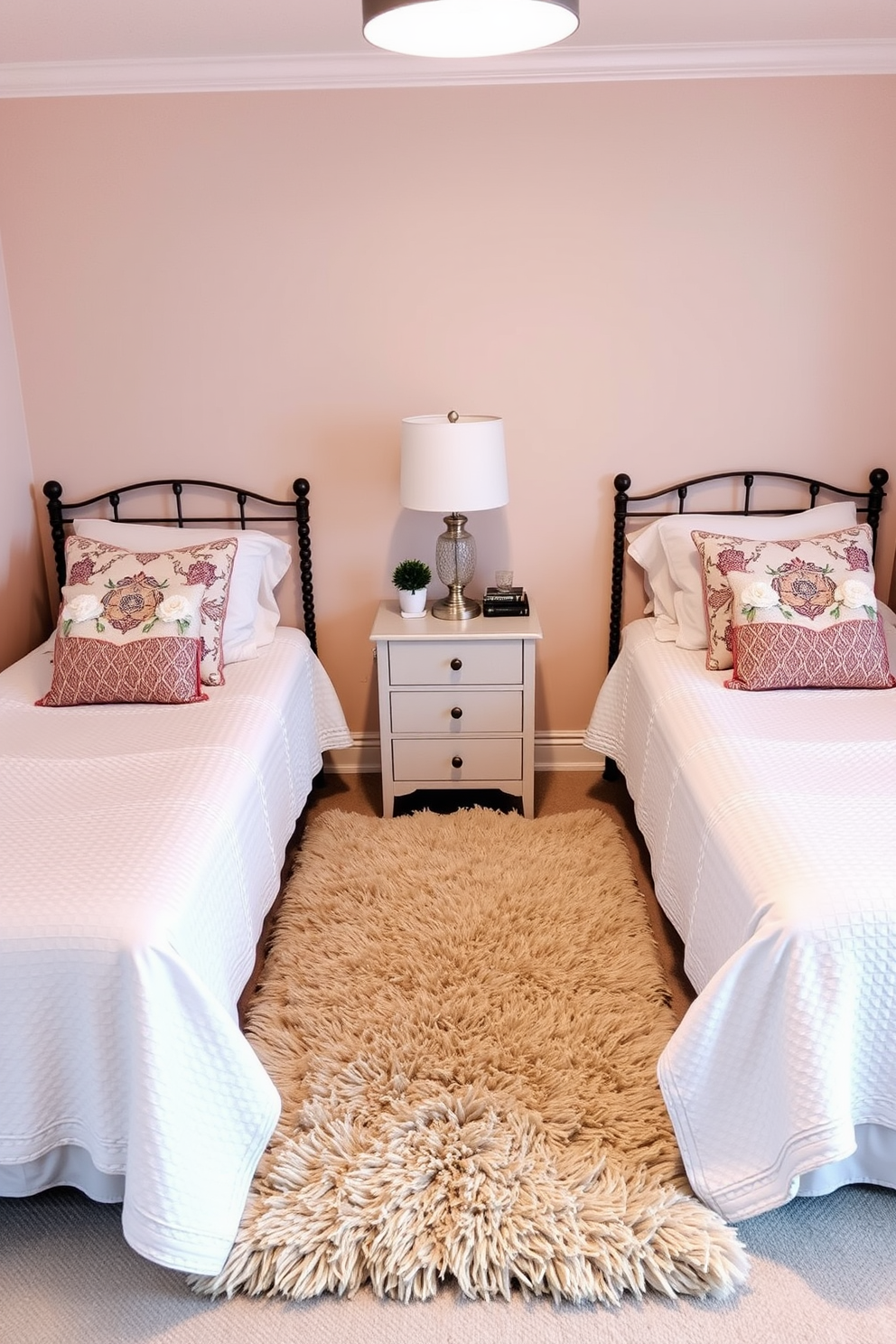 A cozy twin bedroom featuring a mix of textures with layered blankets and decorative pillows. The walls are painted in a soft pastel hue, and a plush area rug adds warmth to the space.