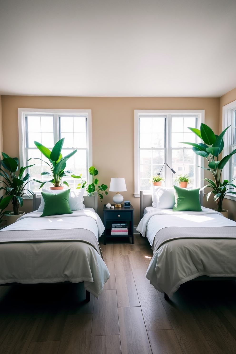 A serene twin bedroom filled with natural light. The walls are adorned with soft earth tones, and large windows allow sunlight to flood the space, highlighting the lush greenery from potted plants placed in each corner. Two twin beds are dressed in crisp white linens with accent pillows in shades of green. A shared nightstand sits between the beds, featuring a small lamp and a few books, creating a cozy and inviting atmosphere.