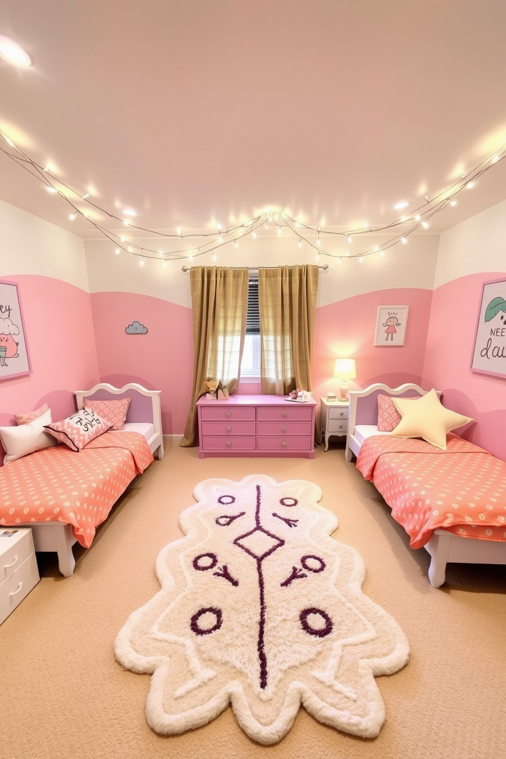 A whimsical twin bedroom filled with playful colors and patterns. The walls are adorned with soft pastel shades, and fairy lights twinkle above the beds, creating a magical atmosphere. Each bed features a unique headboard, one shaped like a cloud and the other like a star. A cozy rug with a fun design lies in the center, while whimsical artwork hangs on the walls, enhancing the playful theme.