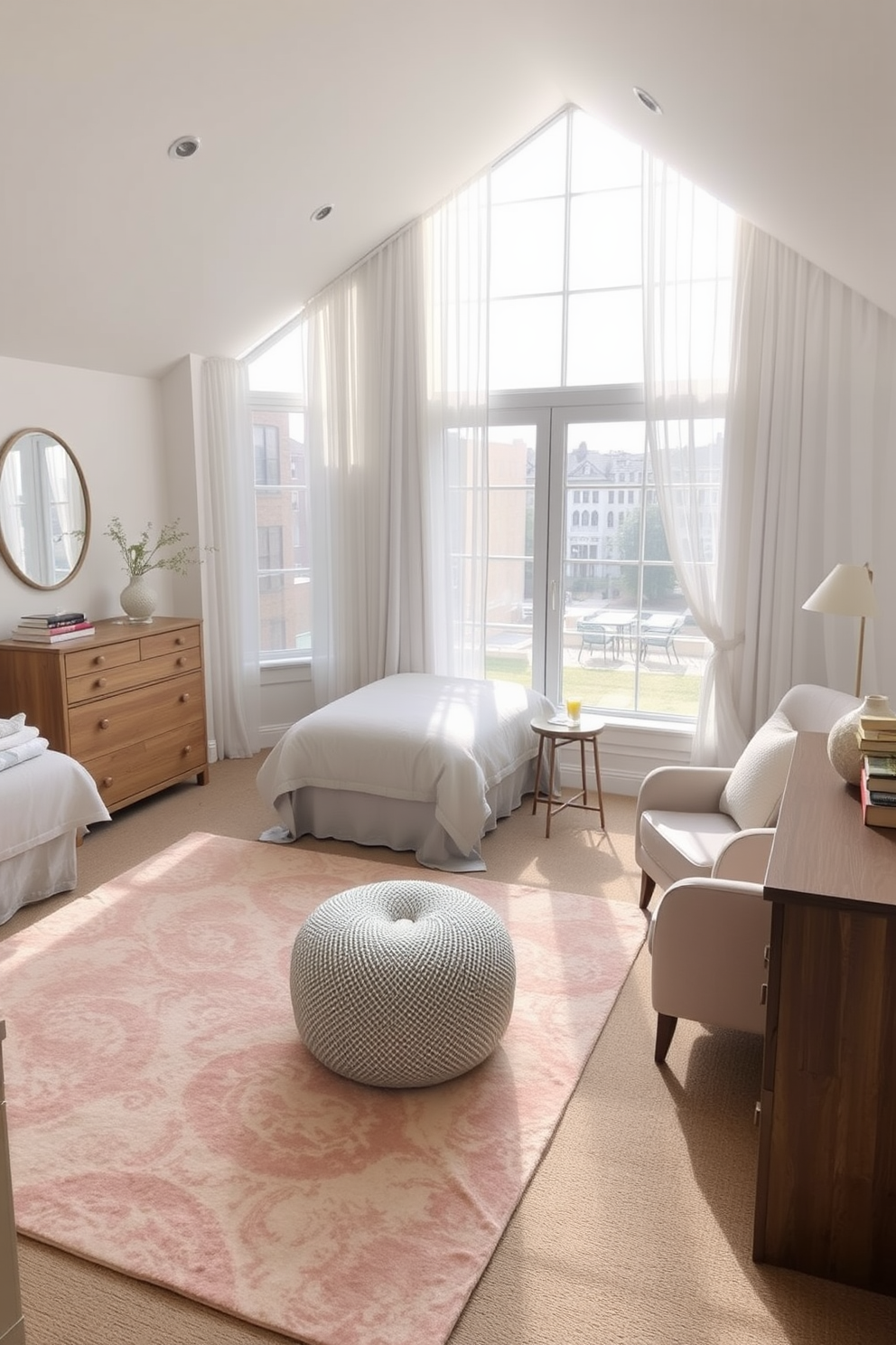 A serene twin bedroom featuring a neutral palette with soft pastel accents. The room includes two twin beds dressed in light gray linens with pastel-colored throw pillows, complemented by a soft area rug in a muted shade. Natural light floods the space through large windows adorned with sheer curtains. A minimalist wooden dresser and a cozy reading nook with a plush chair complete the inviting atmosphere.