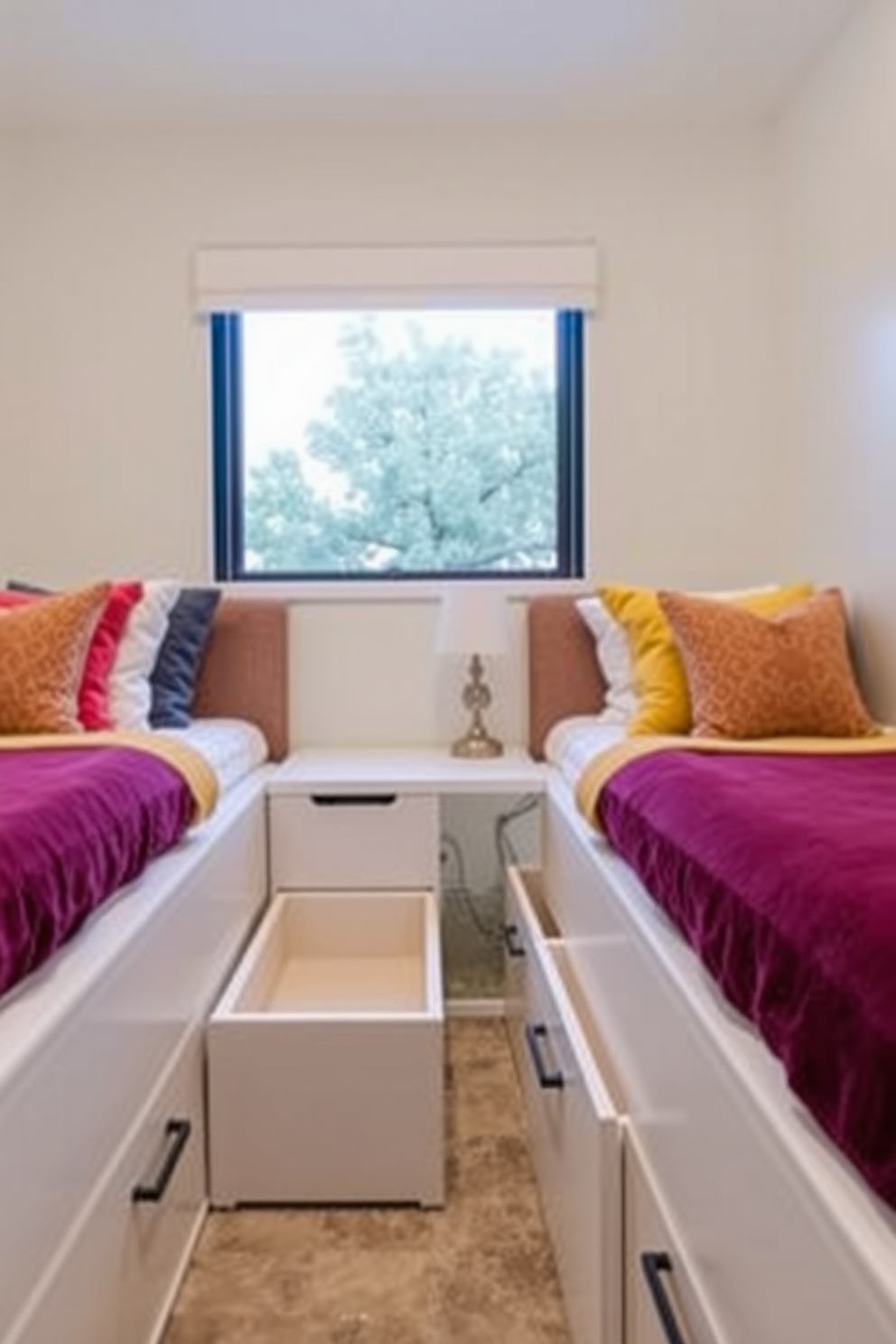 A cozy twin bedroom featuring functional storage solutions under each bed. The beds are positioned against the wall with colorful bedding and plush pillows, while stylish storage drawers are seamlessly integrated beneath them for easy access.