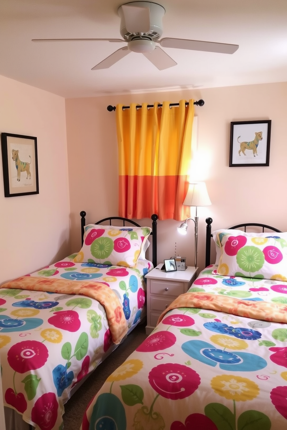 A cozy twin bedroom featuring colorful bedding that complements the coordinating curtains. The walls are painted in a soft pastel shade, and playful artwork adorns the walls to create a cheerful atmosphere.