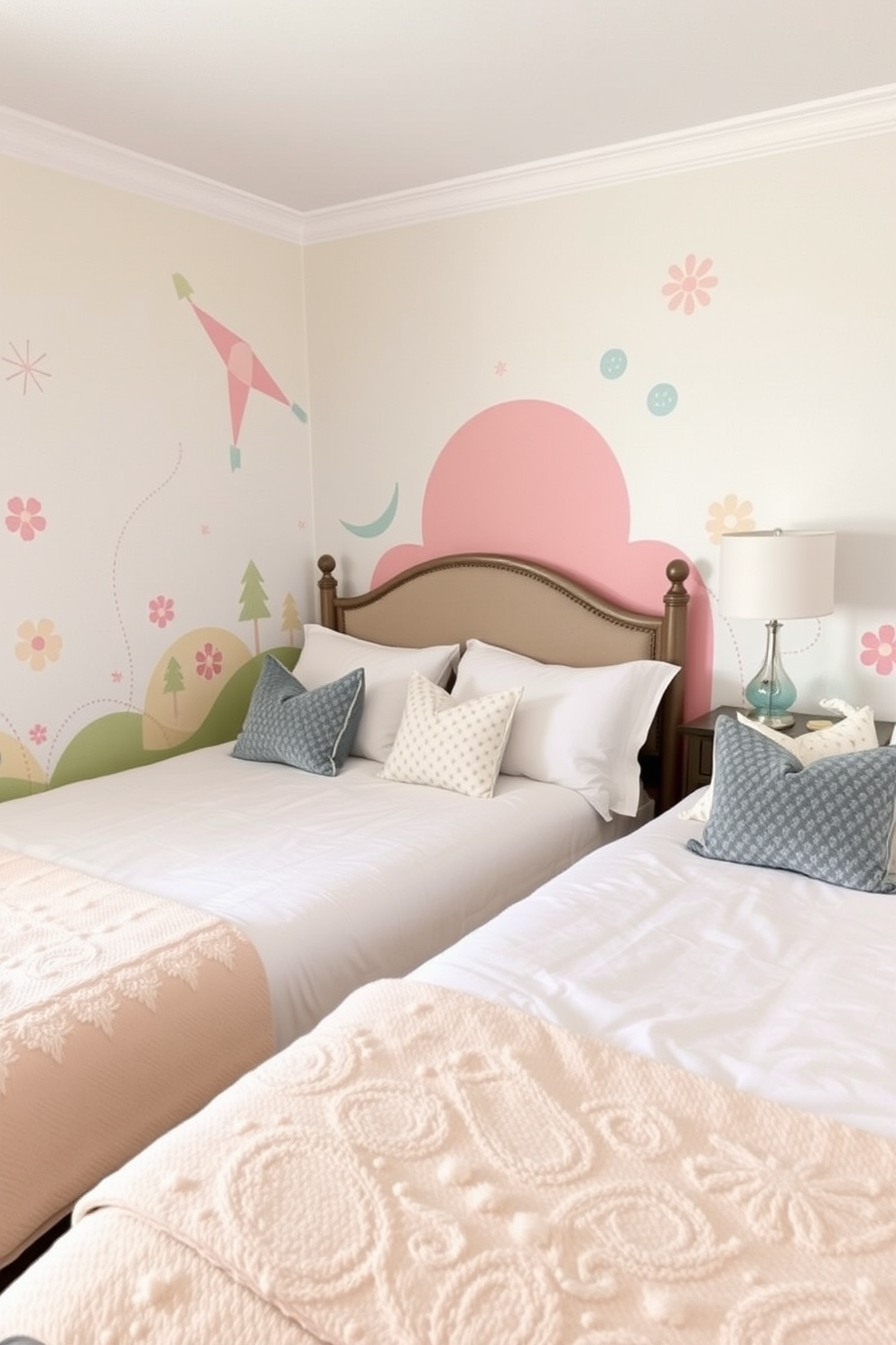 A serene twin bedroom with an artistic mural featuring soft pastel colors and whimsical designs behind the twin beds. The beds are adorned with plush bedding and decorative pillows, creating a cozy and inviting atmosphere.