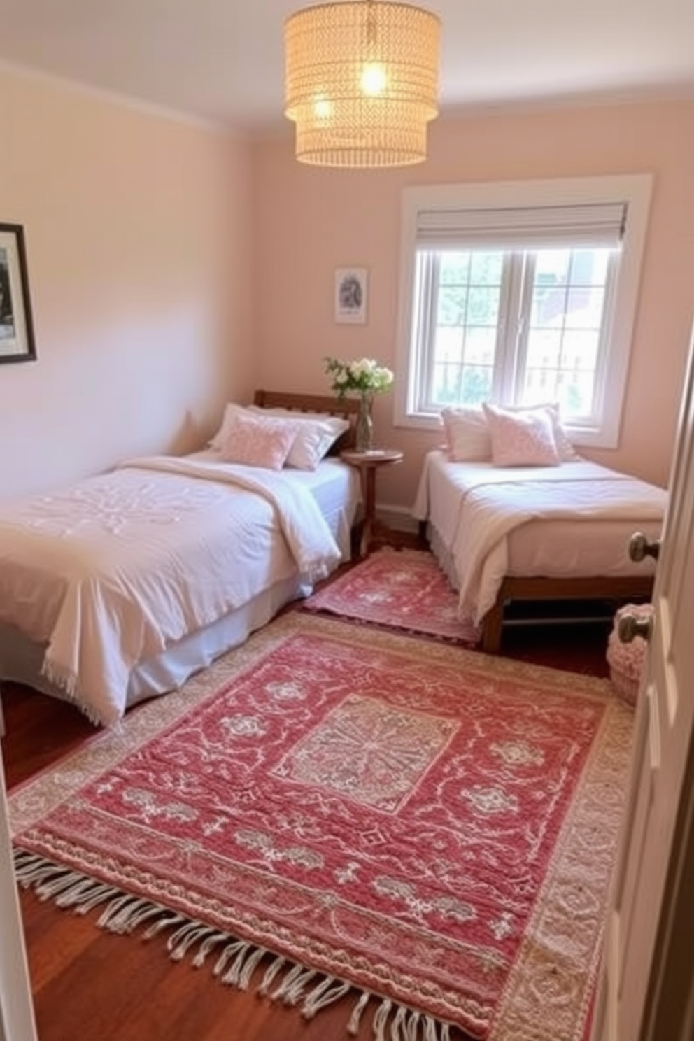 A cozy twin bedroom featuring layered rugs that add warmth and texture to the space. The room is adorned with soft pastel colors, creating a serene atmosphere with two twin beds dressed in matching bedding.