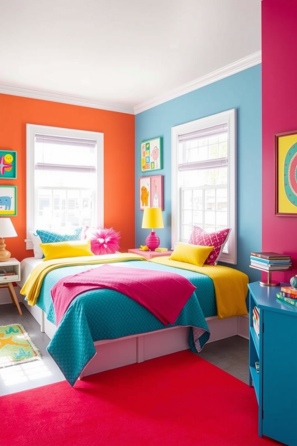 A bright and cheerful twin bedroom filled with vibrant colors. The walls are adorned with playful wall art featuring whimsical designs and bold patterns. Two twin beds are dressed in colorful bedding with contrasting pillows. A bright area rug anchors the space, while a playful nightstand holds a fun lamp and books.