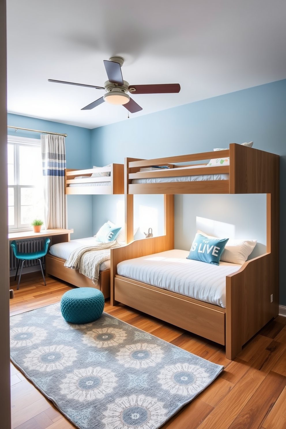 A charming twin bedroom featuring creative use of space with stylish bunk beds. The walls are painted in a soft blue hue, and a cozy area rug adds warmth to the wooden floor. The bunk beds are designed with built-in shelves for books and personal items. A small desk is positioned near the window, providing a bright study area for children.