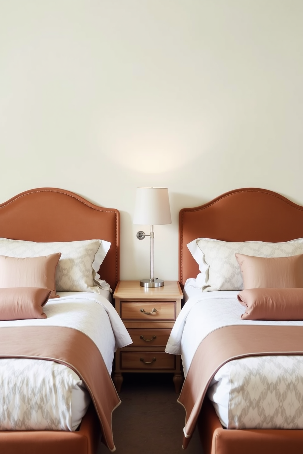 A cozy twin bedroom featuring decorative storage bins for toys. Each bed is adorned with colorful bedding, and the walls are painted in a soft pastel hue.