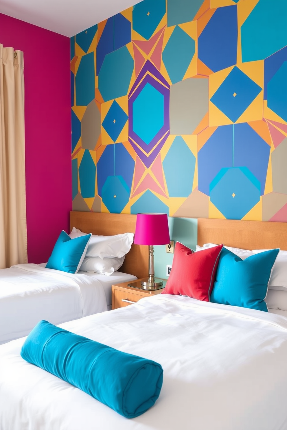 Bright accent wall featuring bold geometric wallpaper in vibrant colors. The room is designed with twin beds dressed in crisp white linens and colorful throw pillows.