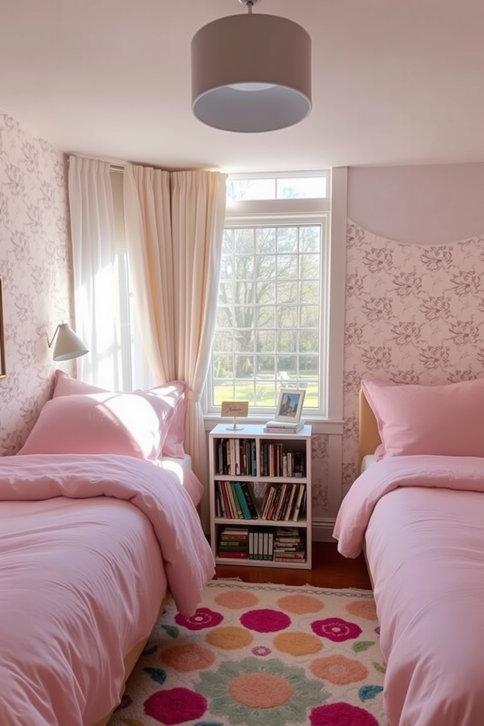 A cozy nook featuring twin beds with soft, plush bedding in pastel colors. The walls are adorned with whimsical wallpaper, and a small bookshelf filled with children's books is positioned between the beds. A colorful area rug lies beneath the beds, adding warmth to the space. Natural light pours in through a large window dressed with light, airy curtains.