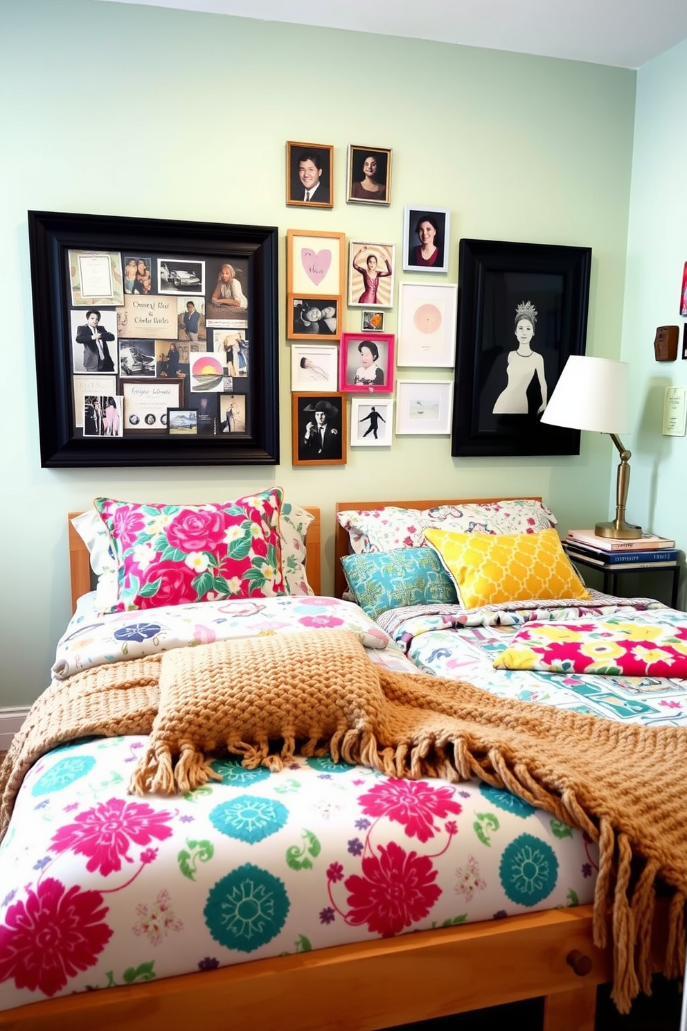 A cozy twin bedroom featuring a mix of vibrant and patterned bedding, including floral and geometric designs. The walls are painted a soft pastel color, and a whimsical gallery wall showcases various art pieces and photographs. A stylish wooden bed frame holds the eclectic bedding, complemented by colorful throw pillows and a textured knit blanket. A small bedside table displays a unique lamp and a stack of books, adding a personal touch to the space.