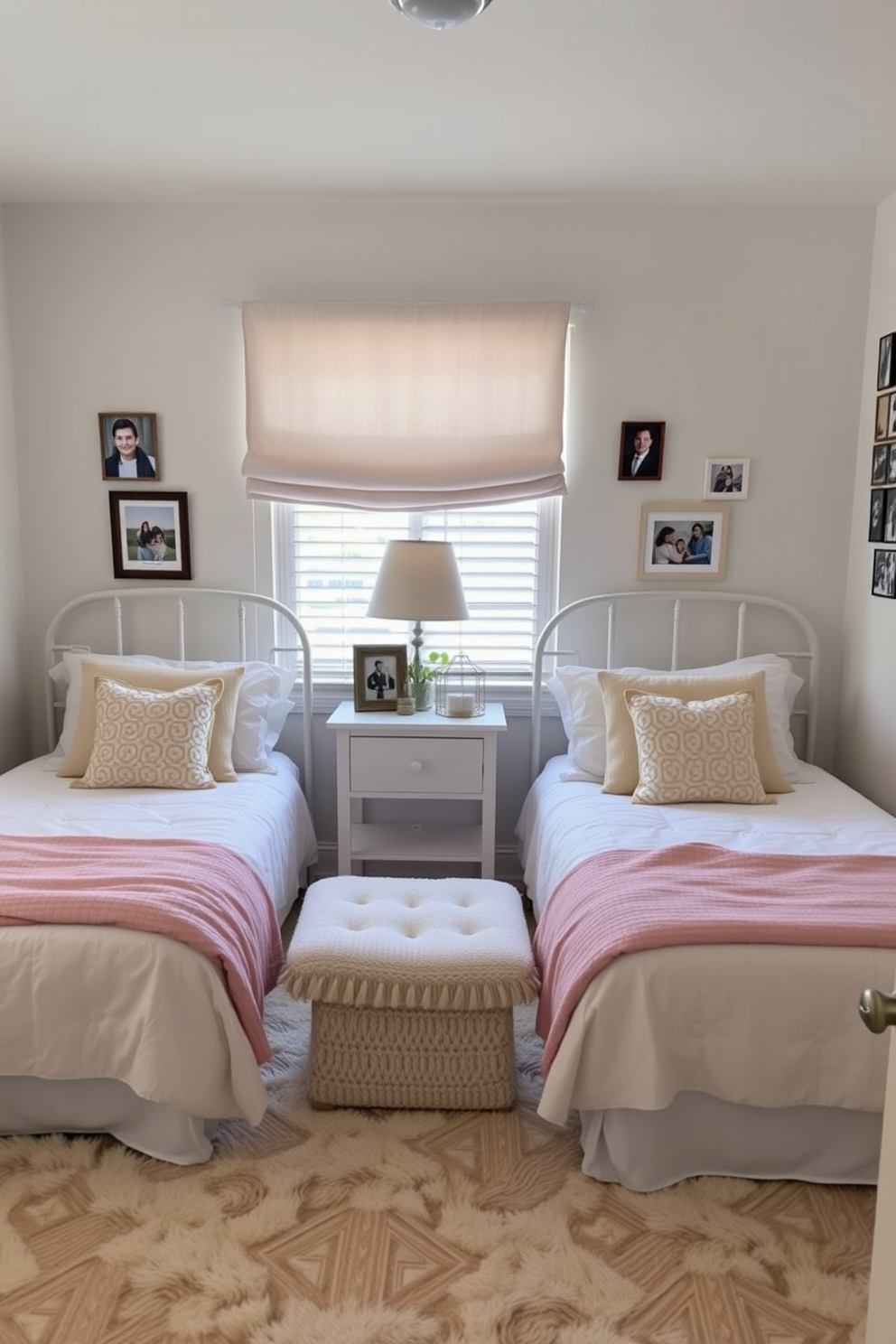 A cozy twin bedroom featuring personalized decor with family photos adorning the walls. The beds are dressed in soft pastel linens, and a plush area rug lies beneath them, creating a warm and inviting atmosphere.