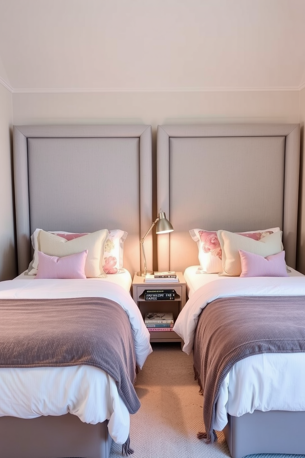 A cozy twin bedroom featuring two beds with a shared headboard design. The headboard is upholstered in a soft gray fabric, creating a seamless look that connects the two beds. The bedding is a mix of pastel colors, with decorative pillows adding a pop of brightness. A small nightstand sits between the beds, adorned with a stylish lamp and a few books.