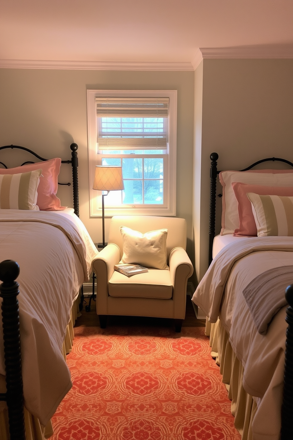 A cozy twin bedroom featuring two matching beds with elegant headboards upholstered in soft fabric. The walls are painted in a calming light blue hue, and large windows allow natural light to flood the room. A plush area rug lies beneath the beds, adding warmth and comfort to the space. A stylish nightstand sits between the beds, adorned with decorative lamps and personal touches.