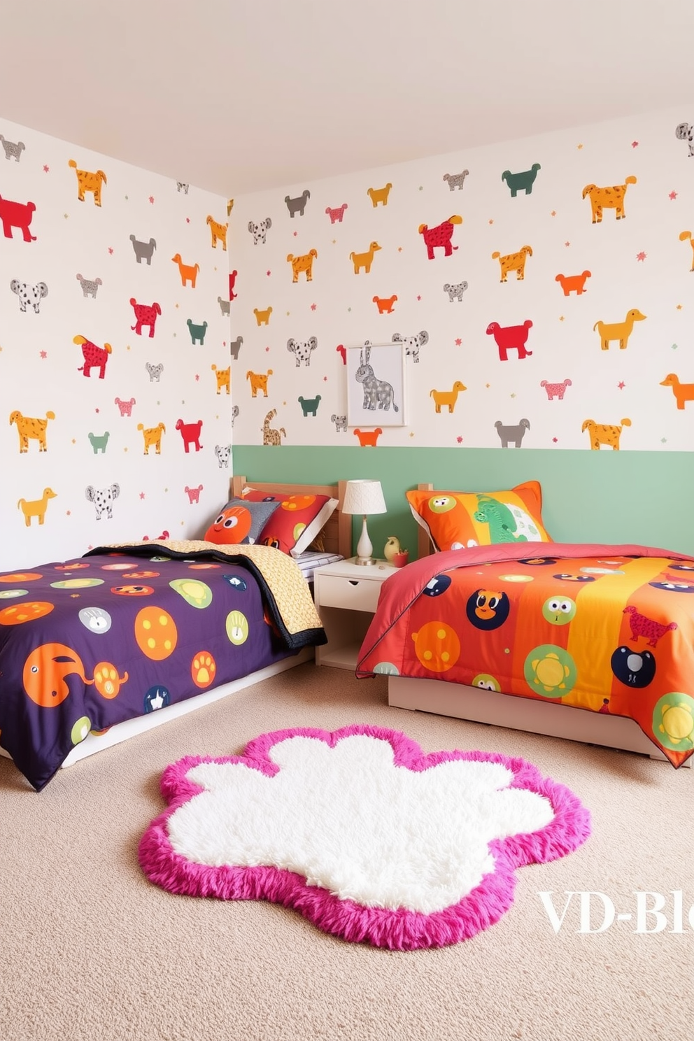 A whimsical twin bedroom featuring playful animal-themed bedding in vibrant colors. The walls are adorned with cheerful animal prints, and a soft rug in the shape of a paw adds a cozy touch to the floor.