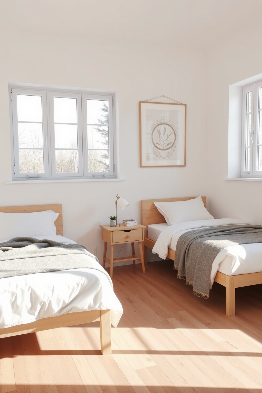 A serene twin bedroom featuring Scandinavian style with minimalist decor. The room is adorned with light wood furniture, including two simple twin beds with white bedding and soft gray throws. Natural light floods in through large windows, highlighting the pale walls and wooden floors. A small nightstand sits between the beds, topped with a modern lamp and a few carefully curated decorative items.