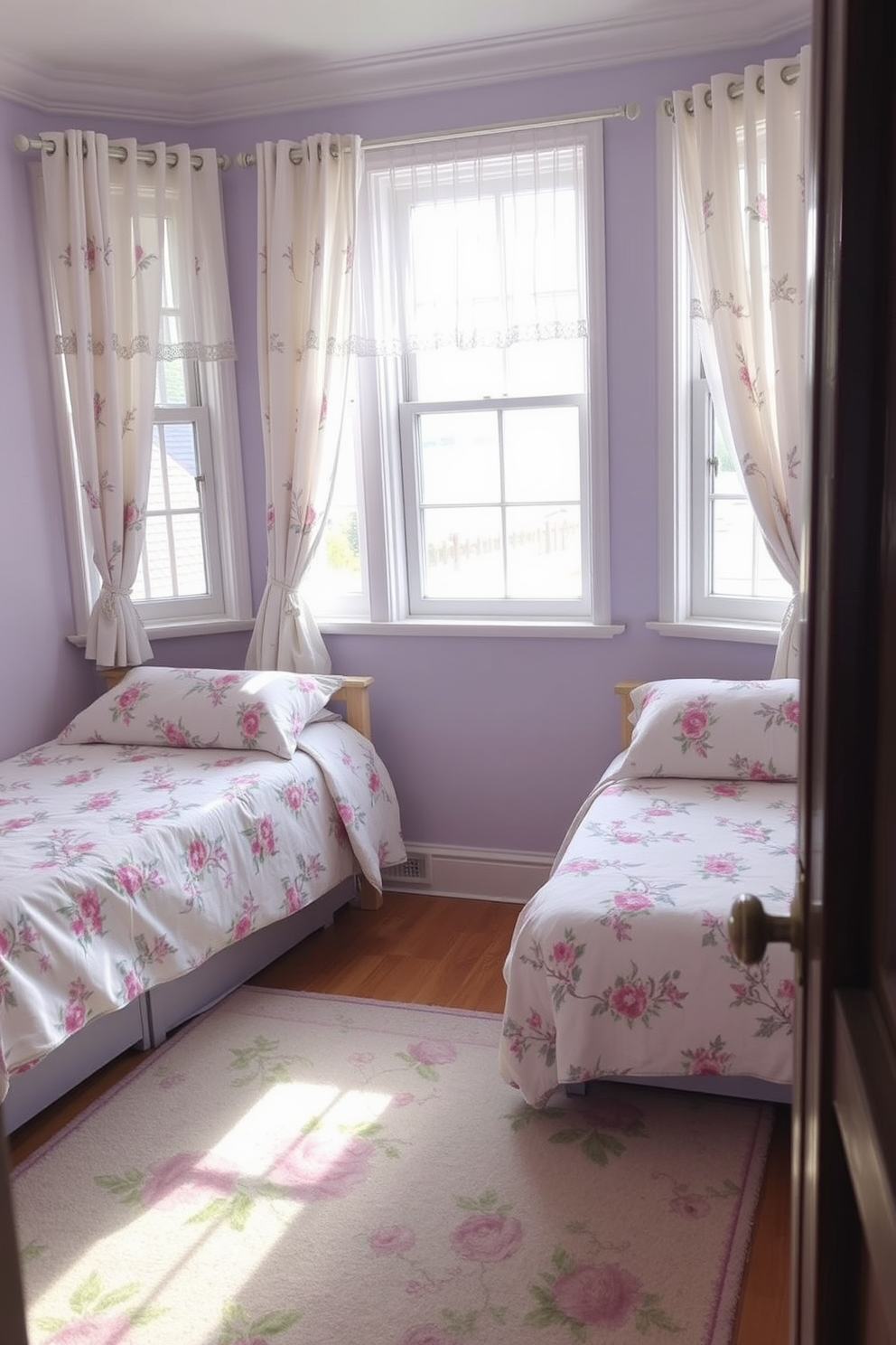 A charming twin bedroom featuring soft pastel colors with floral-patterned bedding on both beds. Delicate curtains adorned with subtle floral designs frame the windows, allowing natural light to filter in. The walls are painted in a light lavender hue, creating a serene atmosphere. A cozy area rug with a floral motif lies beneath the beds, adding warmth and texture to the space.