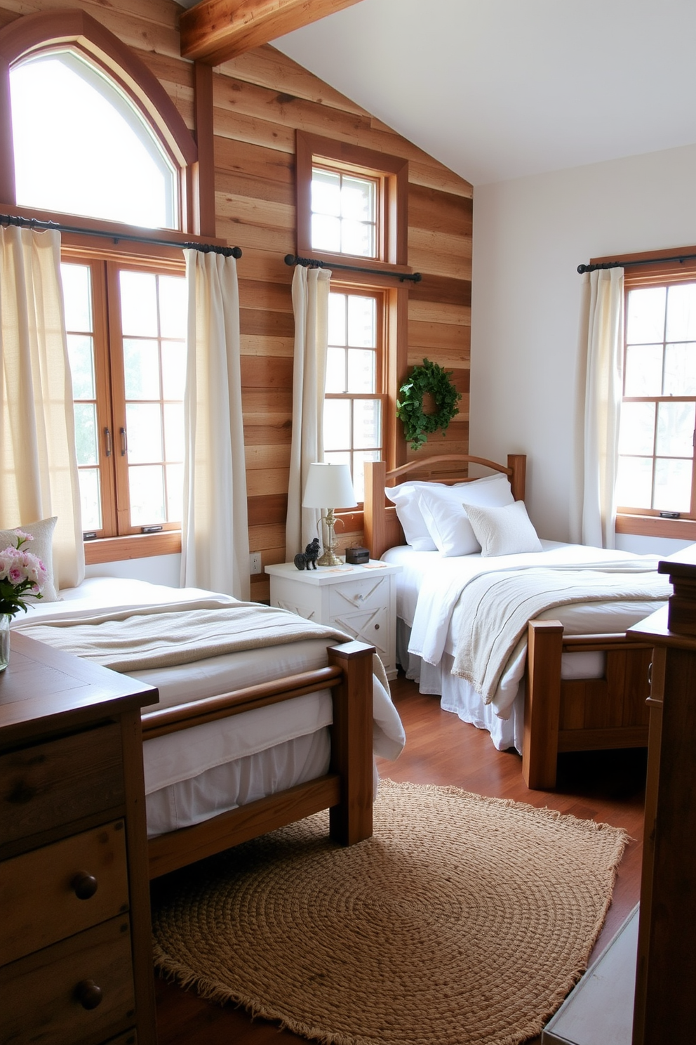 Rustic farmhouse twin beds with wood accents create a warm and inviting atmosphere. The room features soft, neutral bedding and vintage-inspired decor that enhances the cozy feel. Natural light floods in through large windows adorned with simple linen curtains. A reclaimed wood dresser and a woven rug add to the charm, completing the rustic aesthetic.