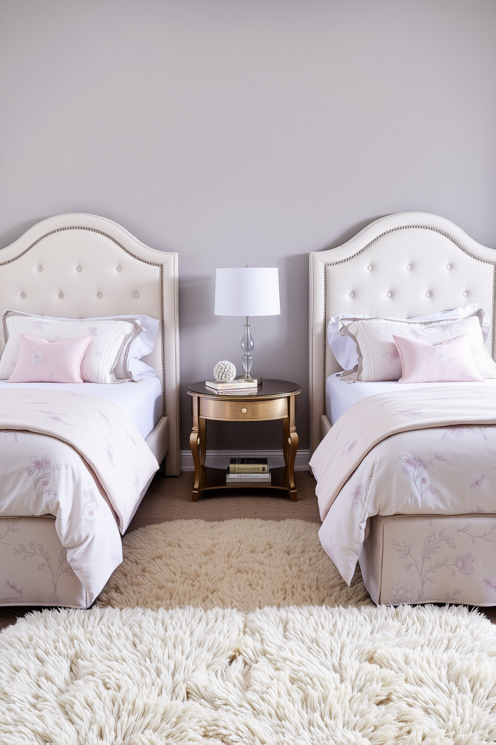 Elegant twin beds with plush headboards are positioned against a soft gray wall. The bedding features a delicate floral pattern in pastel colors, complemented by matching throw pillows. A stylish nightstand sits between the beds, adorned with a modern lamp and a decorative book. A plush area rug in a neutral tone anchors the space, adding warmth and comfort to the room.