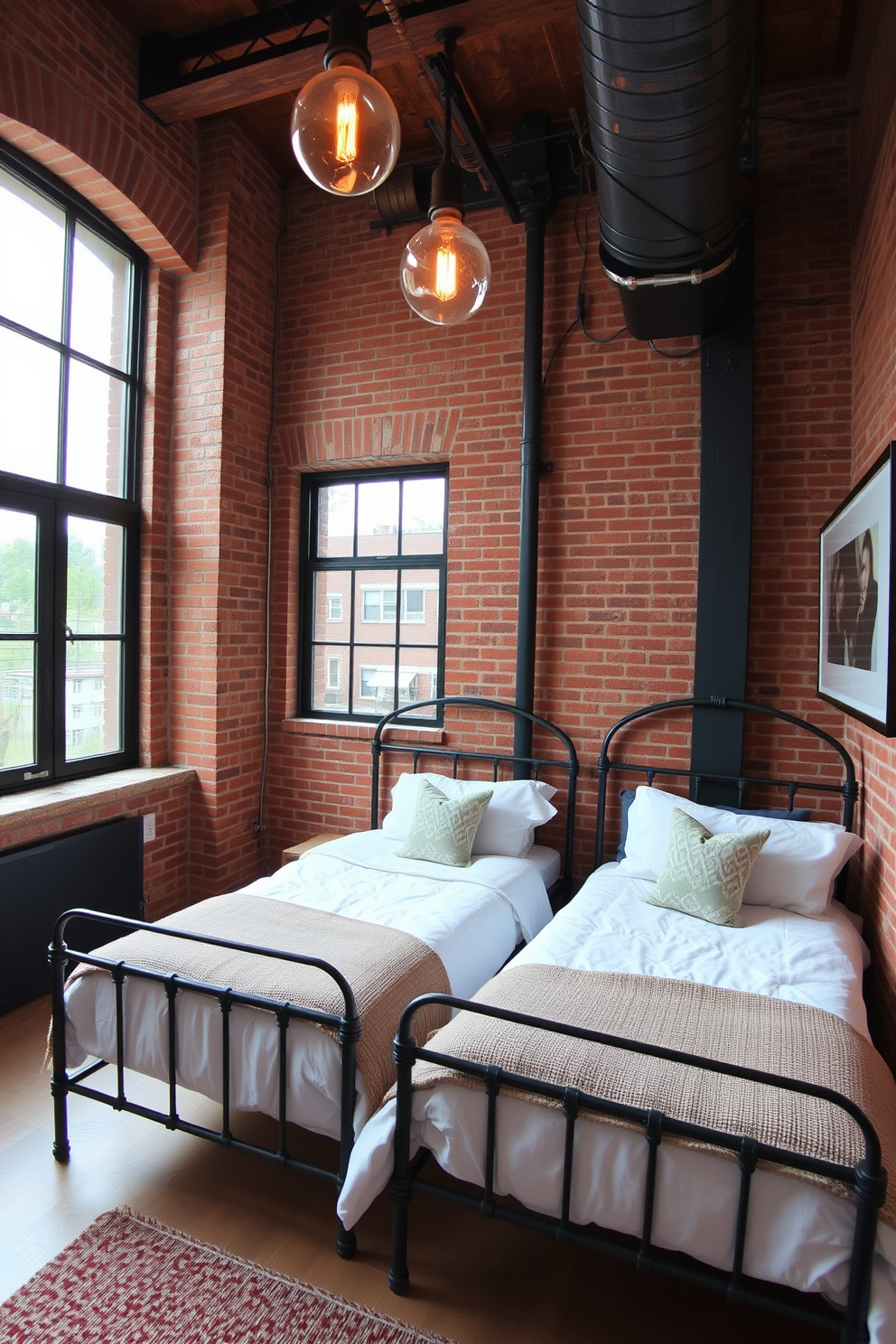 A stylish twin bedroom featuring industrial chic design elements. The room includes metal bed frames with a minimalist aesthetic, complemented by exposed brick walls and large windows that allow natural light to flood the space. The bedding is a mix of soft textures and neutral colors, creating a cozy atmosphere. Vintage-inspired lighting fixtures hang above each bed, adding a touch of warmth and character to the room.