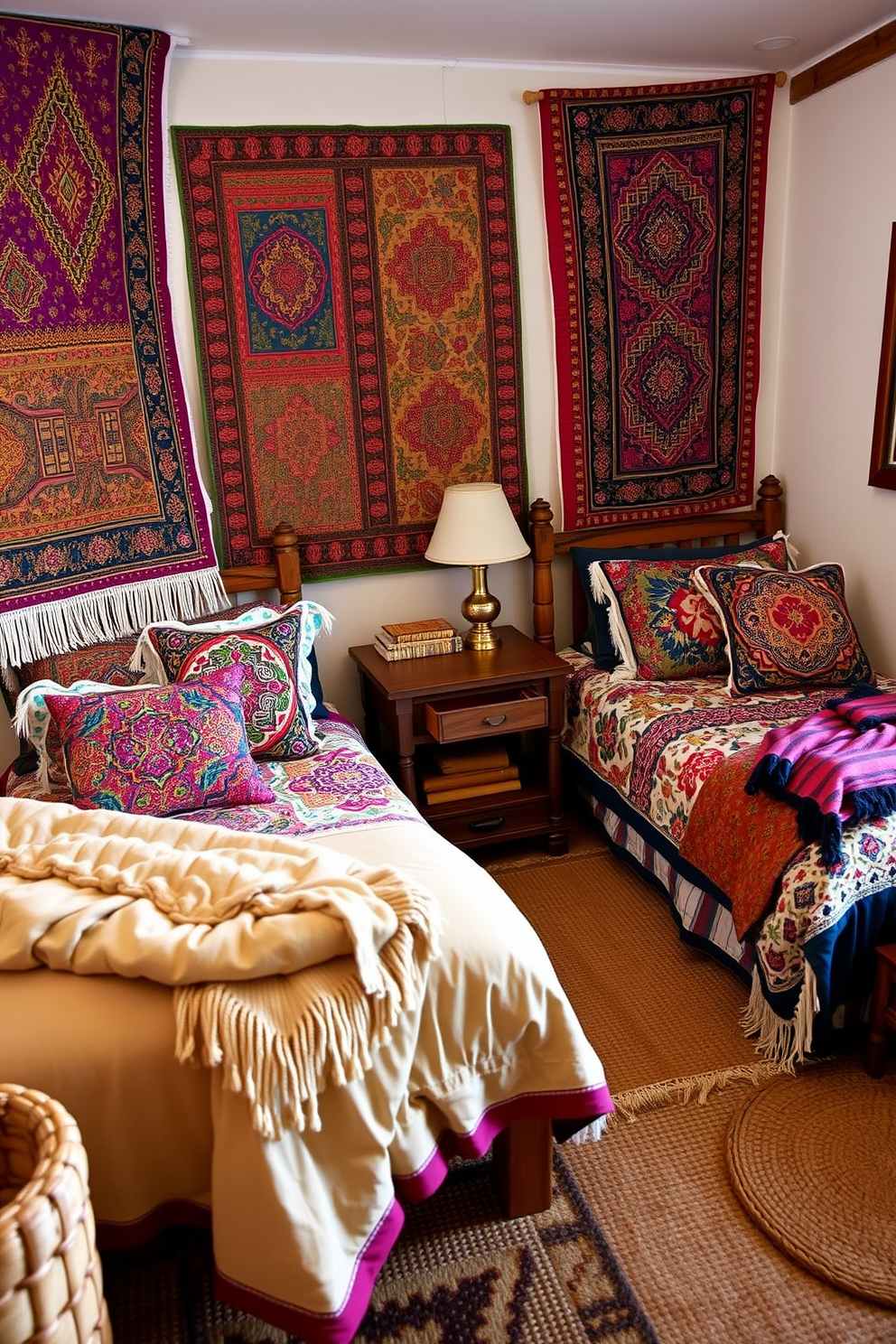 A cozy twin bedroom featuring a boho style with vibrant patterns and textures. The walls are adorned with colorful tapestries and the bedding showcases an array of bold prints and rich fabrics. Two twin beds are positioned against opposite walls, each topped with plush pillows and layered throws. A mix of woven rugs and natural wood accents enhances the warm and inviting atmosphere of the space.