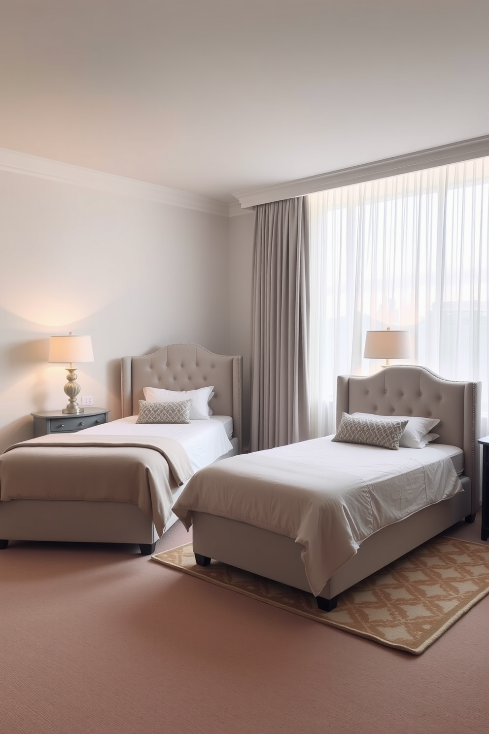 A serene twin bedroom featuring a soft blue and white color palette for a calming atmosphere. The walls are painted in a light sky blue, complemented by crisp white bedding and decorative pillows. Two twin beds are placed on opposite sides of the room, each adorned with a stylish headboard. A shared nightstand in the center holds a decorative lamp and a few books for a cozy touch. A plush area rug in a neutral tone anchors the space, adding warmth underfoot. Large windows allow natural light to flood the room, enhancing the peaceful ambiance.