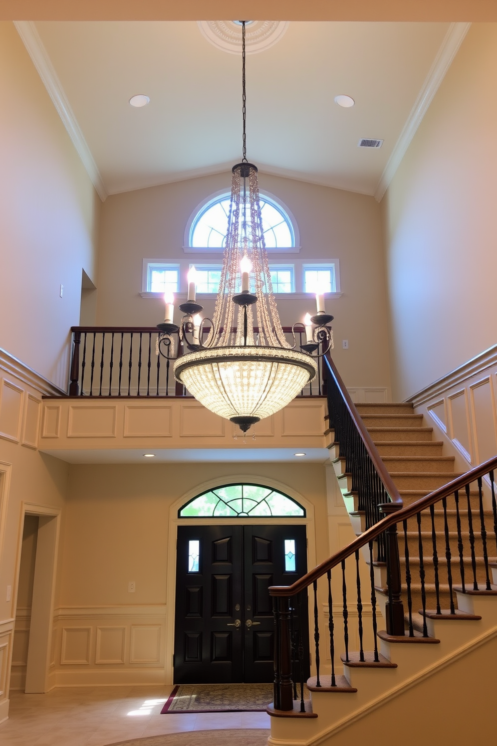 A grand chandelier hangs majestically from the ceiling, casting a warm glow over the spacious two-story foyer. The walls are adorned with elegant wainscoting, and a sweeping staircase with a polished wooden railing leads to the upper level.